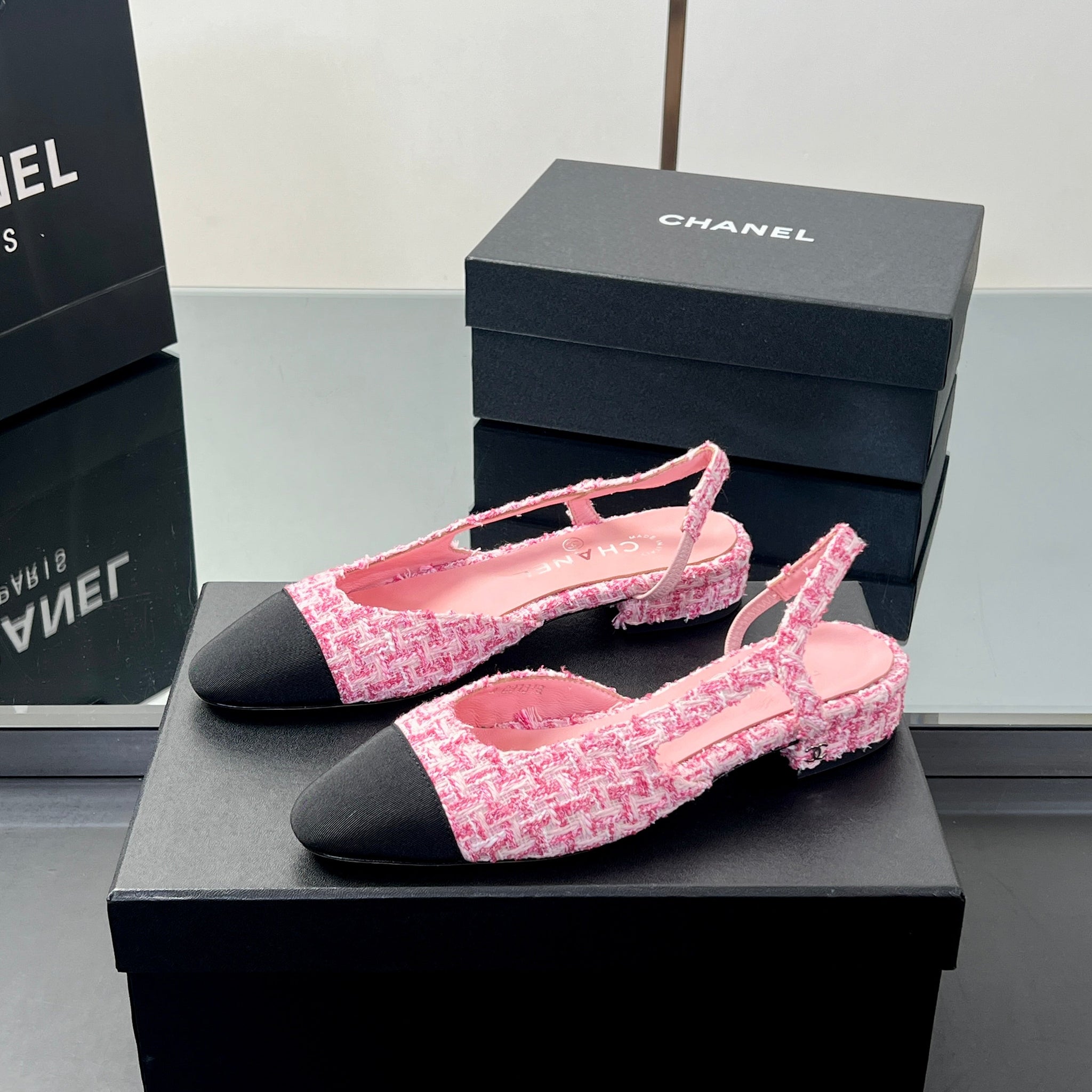 CC Slingback 2.5cm Hot Pink Black Tweed Fabric