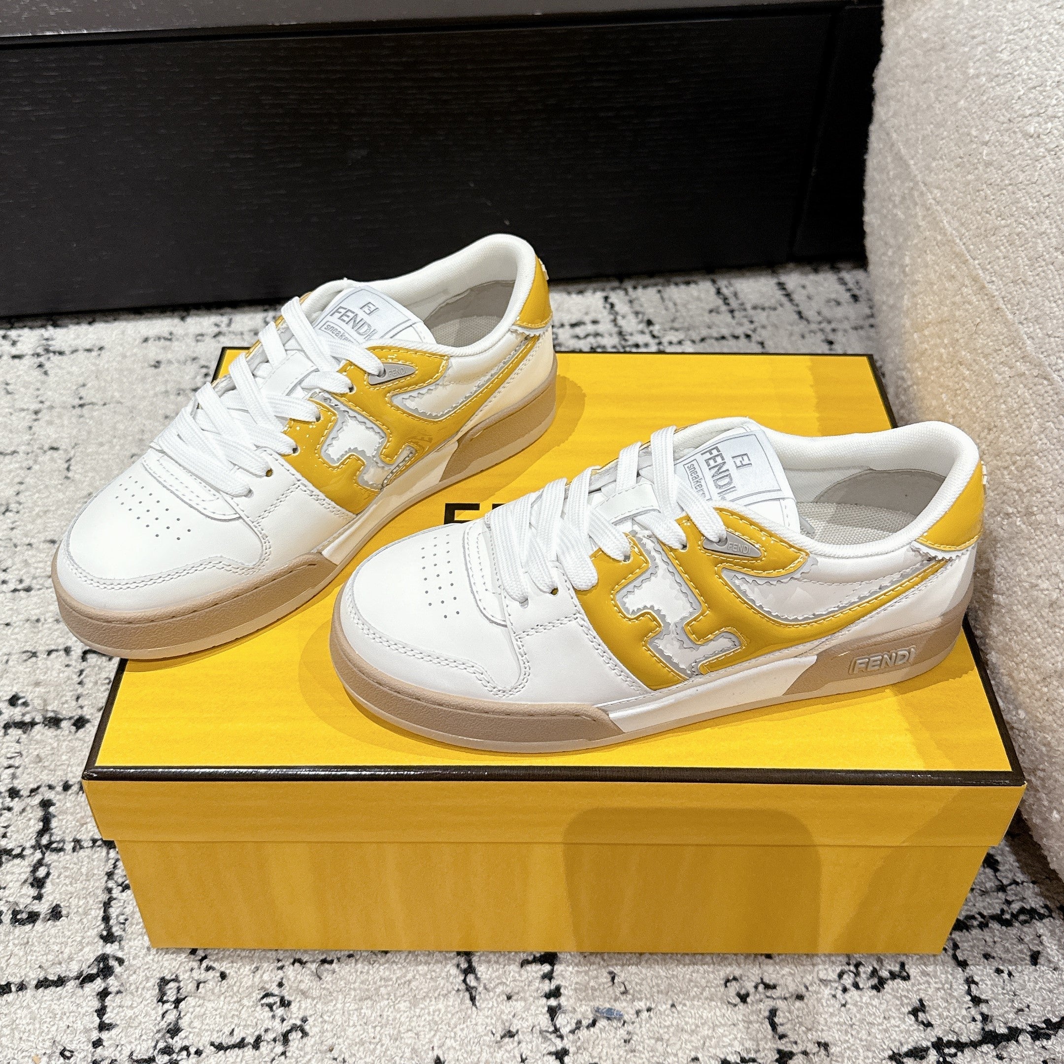 Fendi Match Trainers White Yellow Leather 679605