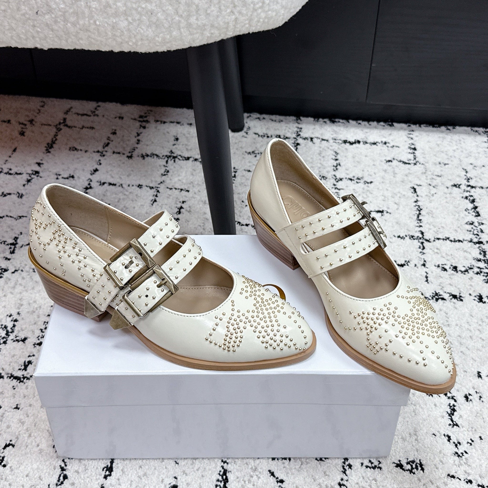 Chloé 26S Metal Stud Shoes in Black Calfskin