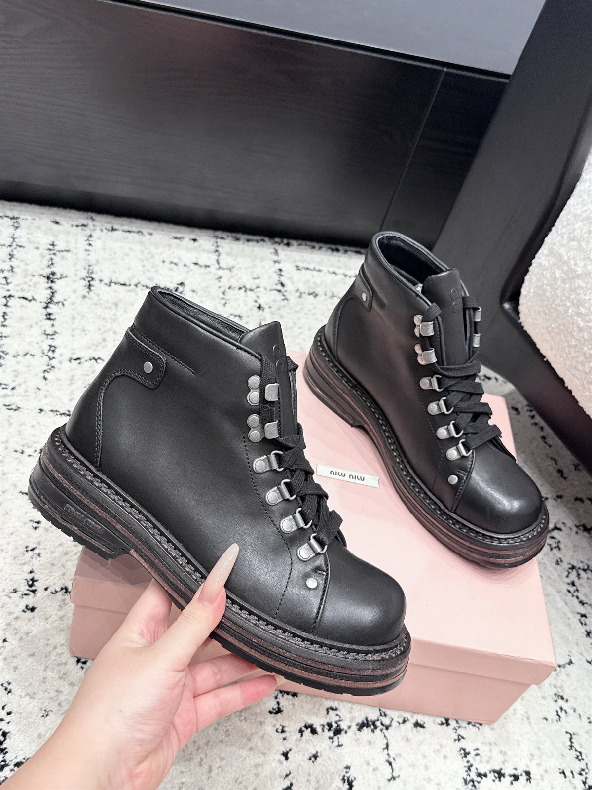 Miu Miu 26s Lace-up Boots Black Leather 139179