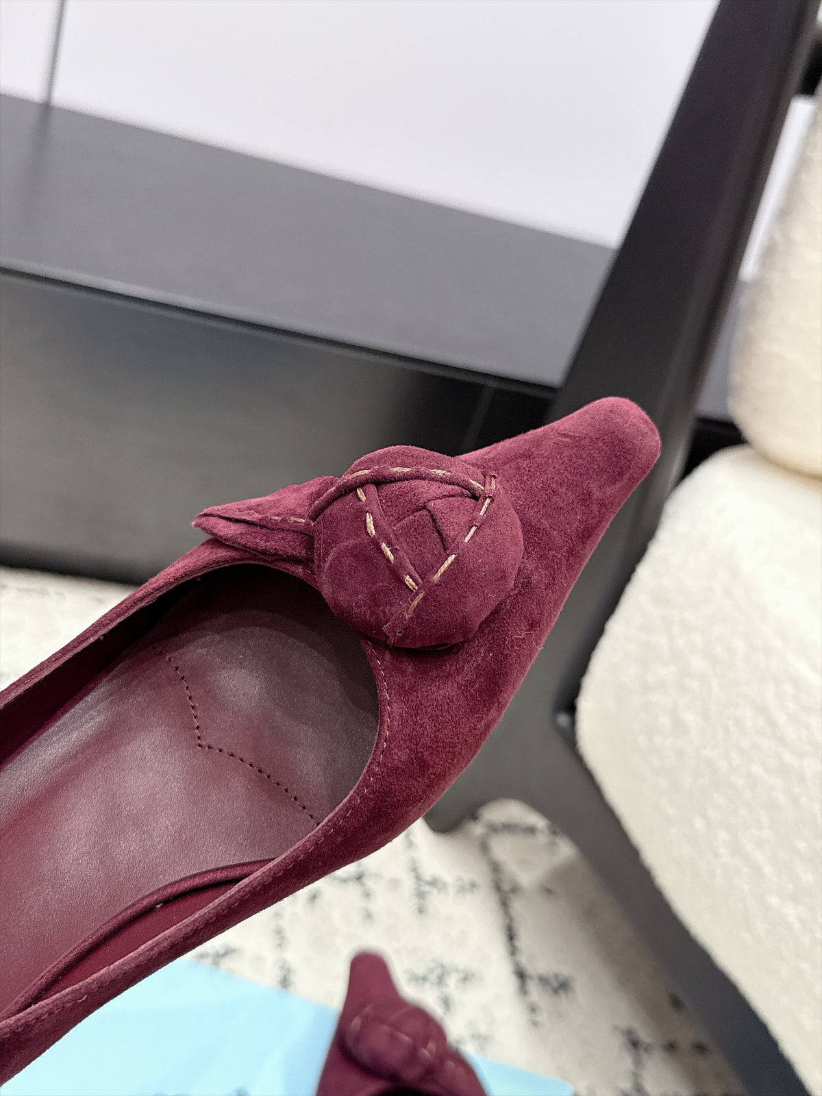 Prada Floral Detail Flats Burgundy Suede 120977
