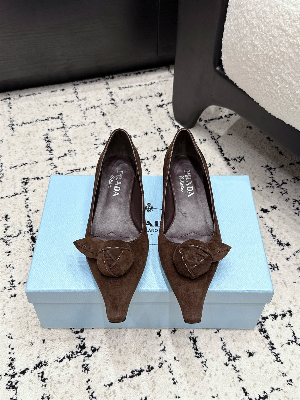Prada Floral Detail Flats Dark Brown Suede 120979