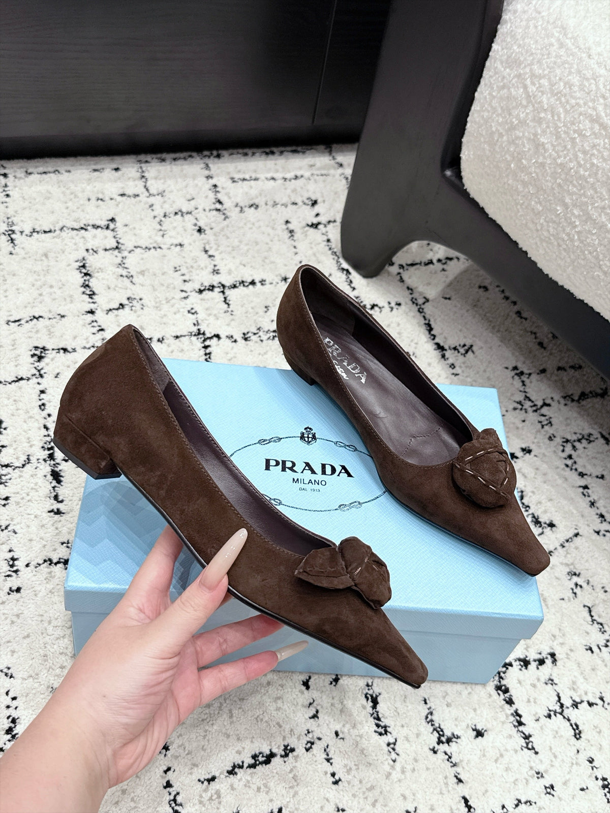 Prada Floral Detail Flats Dark Brown Suede 120979