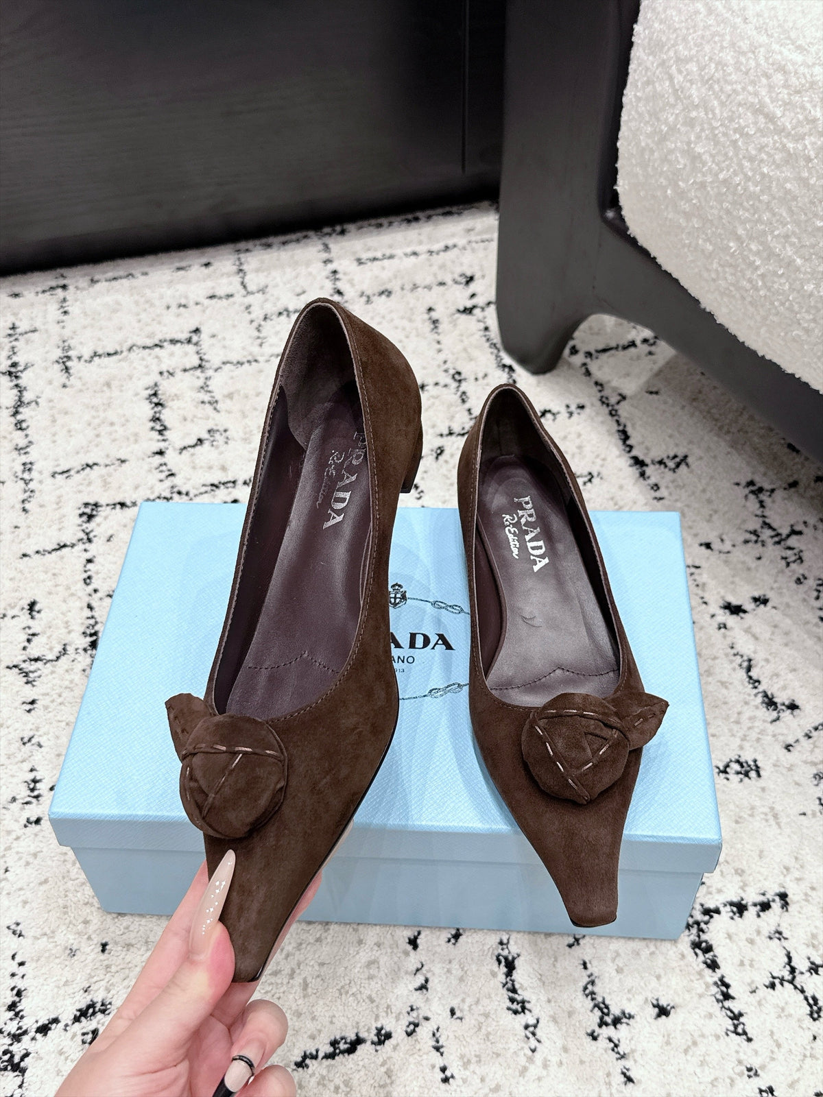 Prada Floral Detail Flats Dark Brown Suede 120979