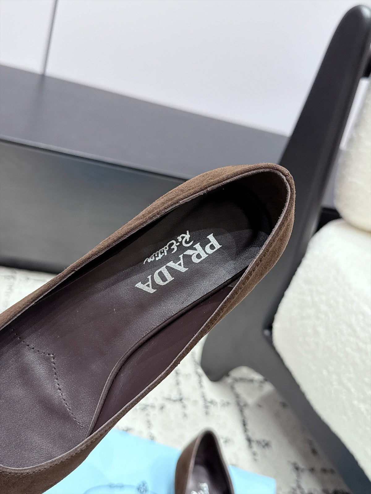 Prada Floral Detail Flats Dark Brown Suede 120979