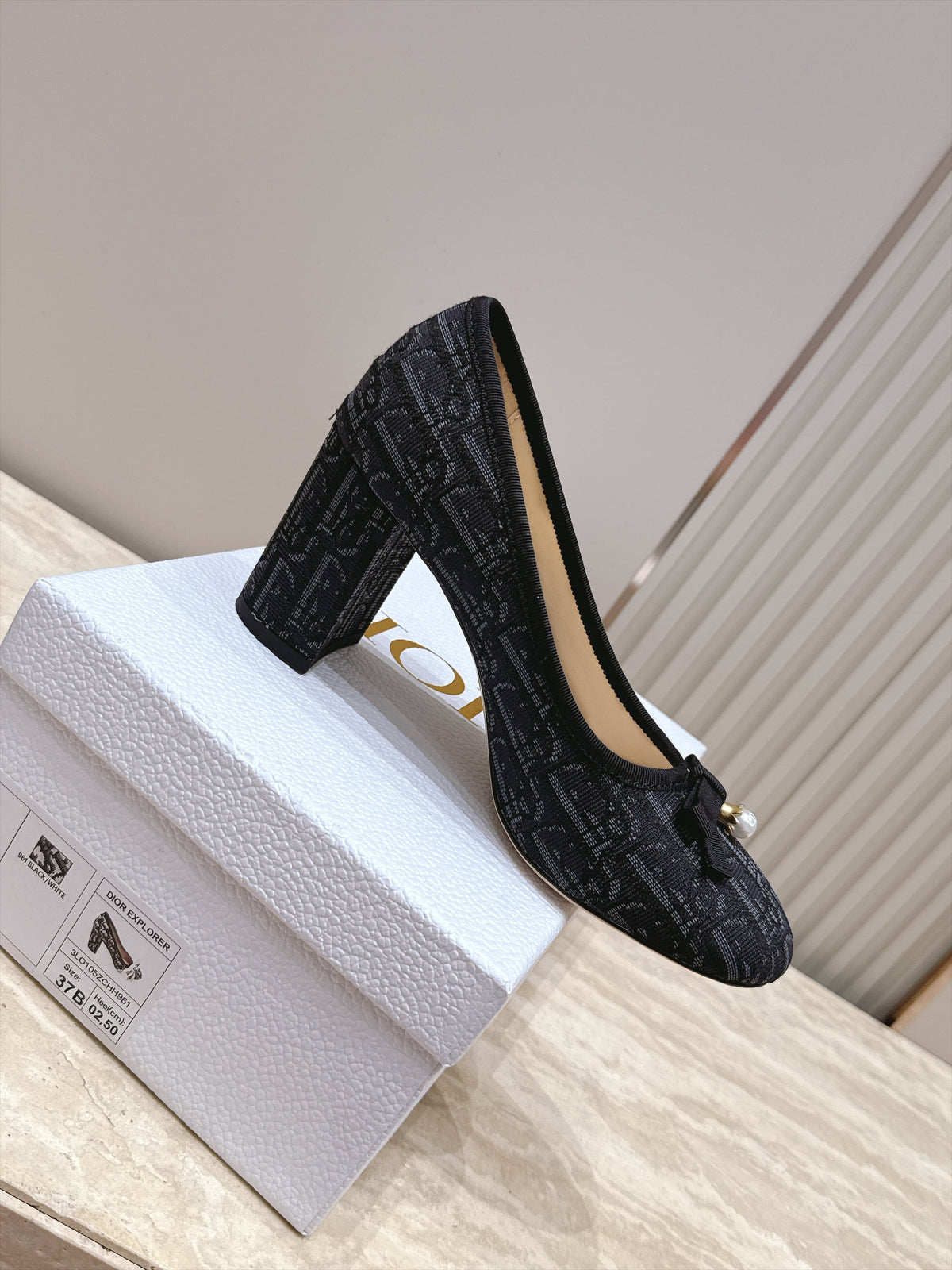 CD 26s Block Heel Pumps 7cm Black Oblique Canvas 121658