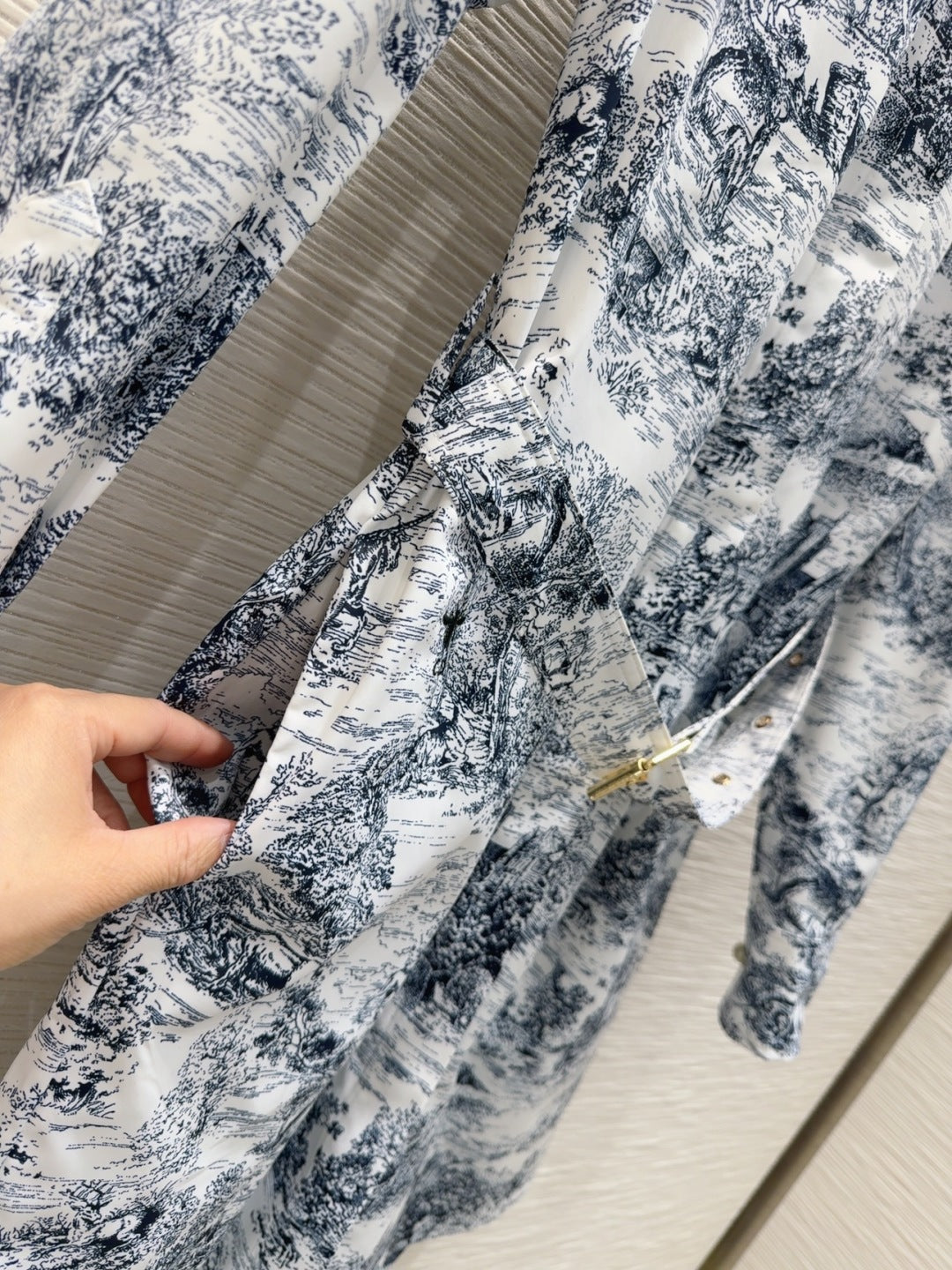CD 2025 Toile de Jouy Dress White Navy Blue Polyester