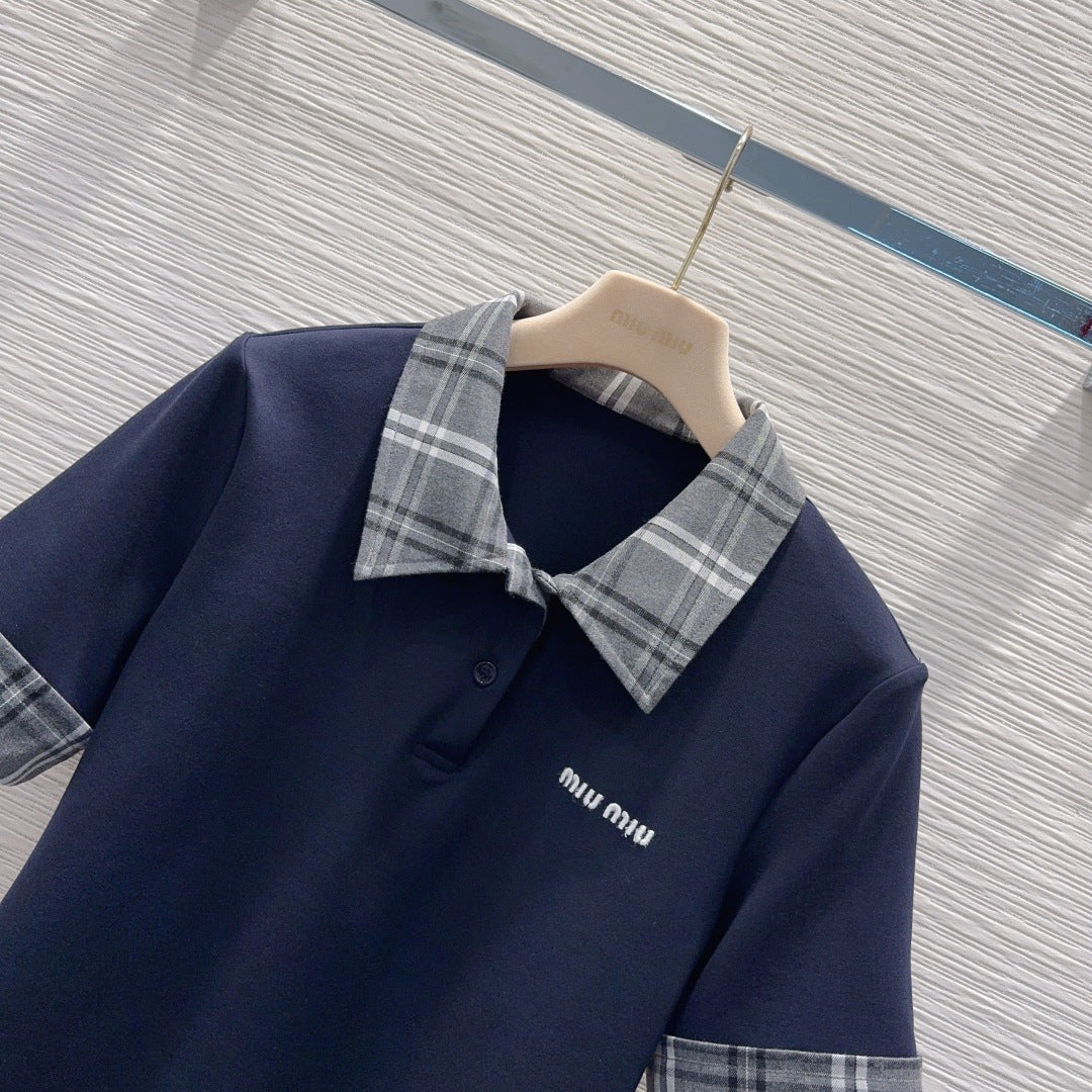 Miu SS26 Set Polo Shirt Pleated Skirt Navy Blue Polyester Cotton 351275