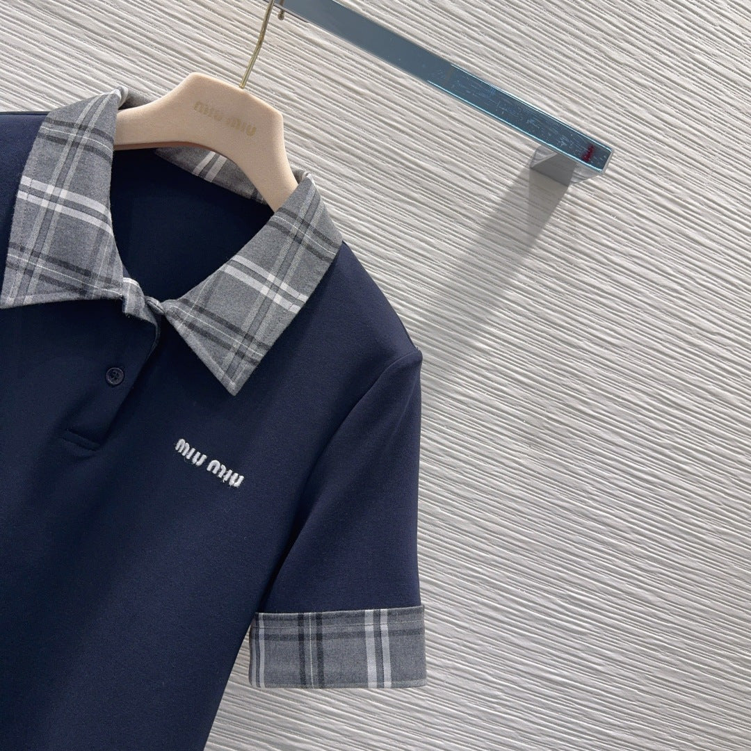 Miu SS26 Set Polo Shirt Pleated Skirt Navy Blue Polyester Cotton 351275