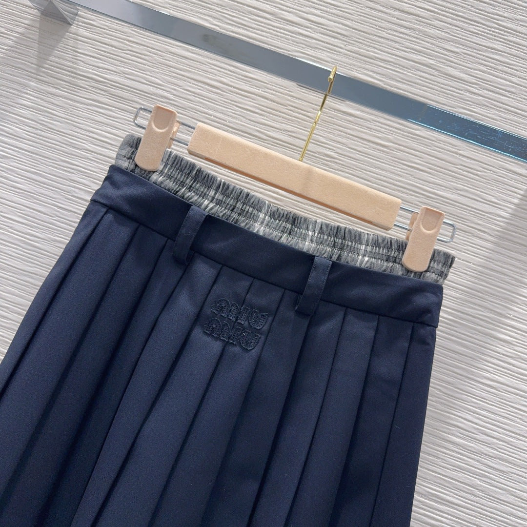 Miu SS26 Set Polo Shirt Pleated Skirt Navy Blue Polyester Cotton 351275