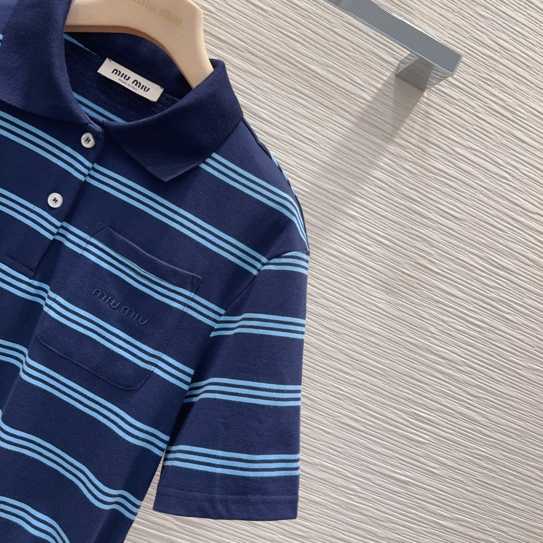 Miu 26s Set Striped Polo Top Short Khahi Blue Cotton 394883