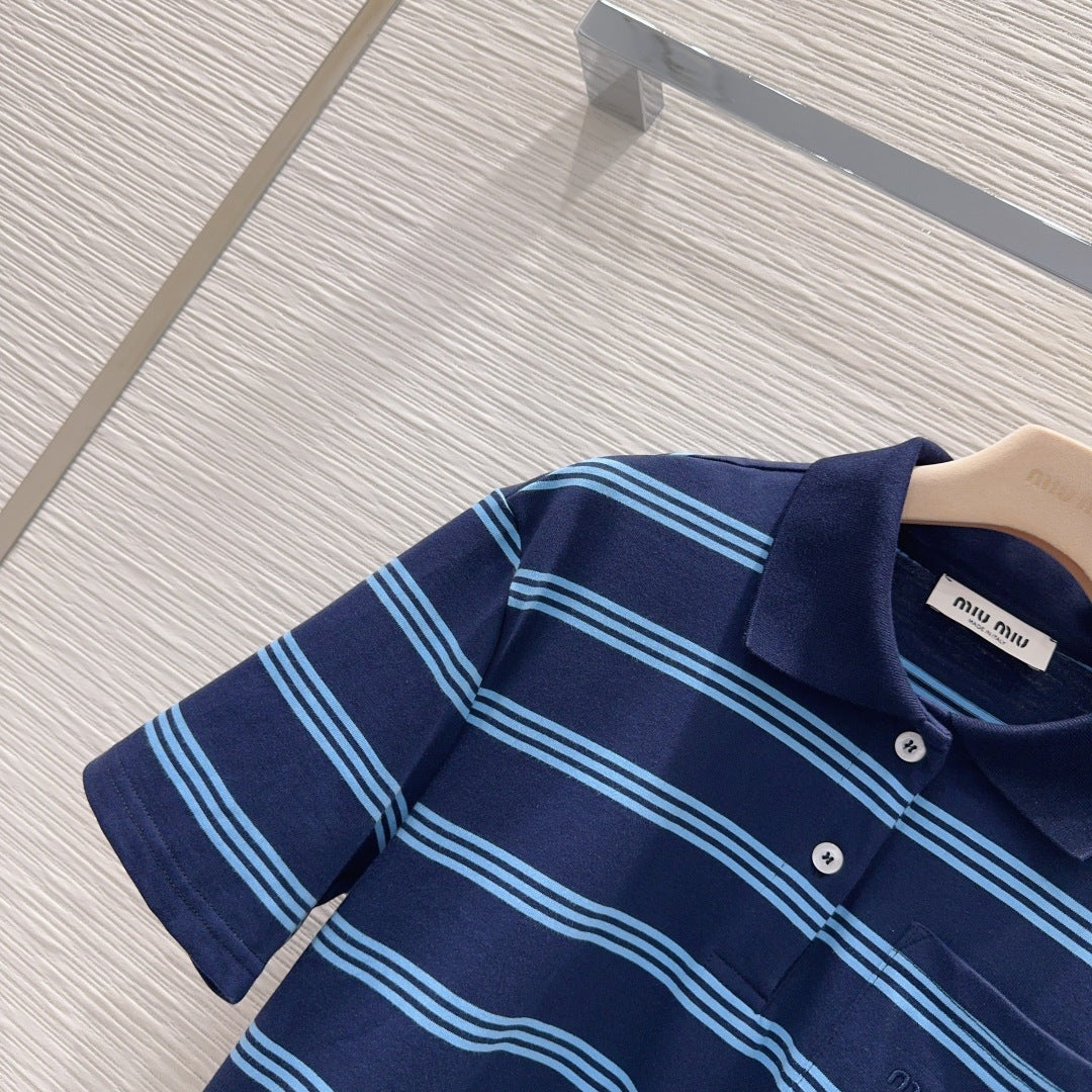 Miu 26s Set Striped Polo Top Short Khahi Blue Cotton 394883