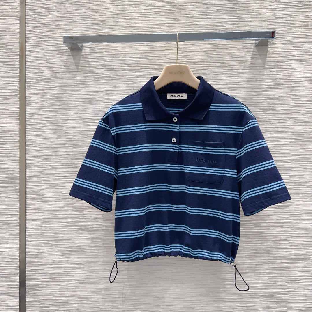 Miu 26s Set Striped Polo Top Short Khahi Blue Cotton 394883