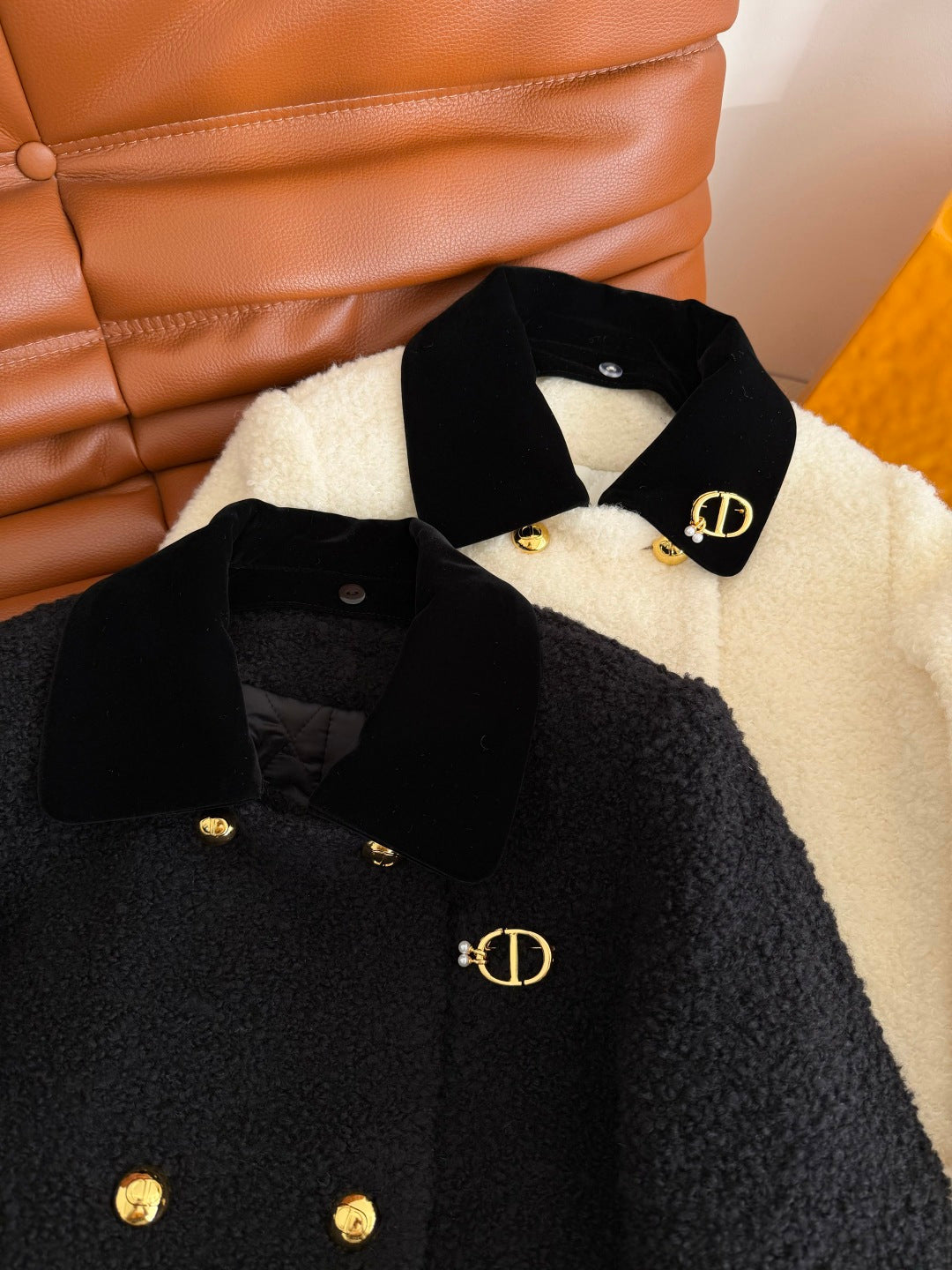 CD Ivory White Black Wool Coat Velvet 333561