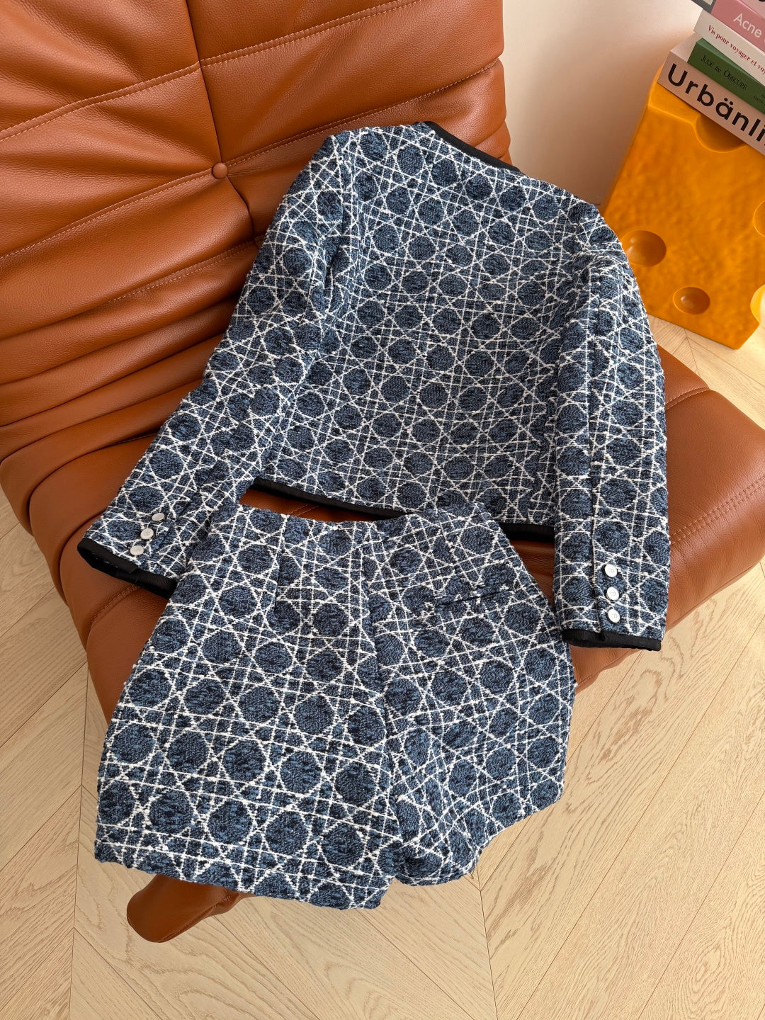 CD SS26 Macrocannage Flared Miniskirt Navy Blue Ecru Tweed 340212