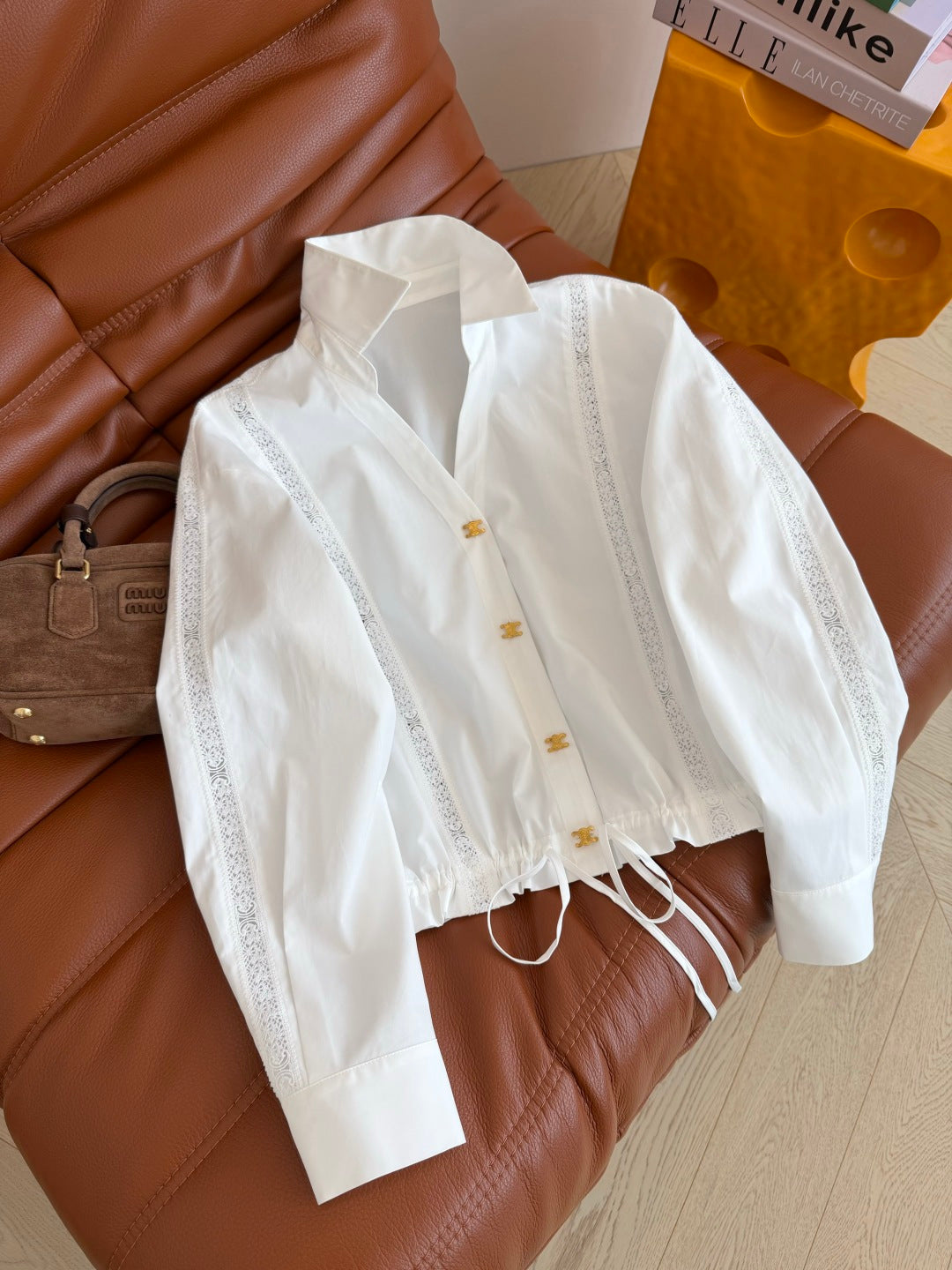 Celine 26s Triomphe Hollow-out Striped Shirt White Cotton 424364
