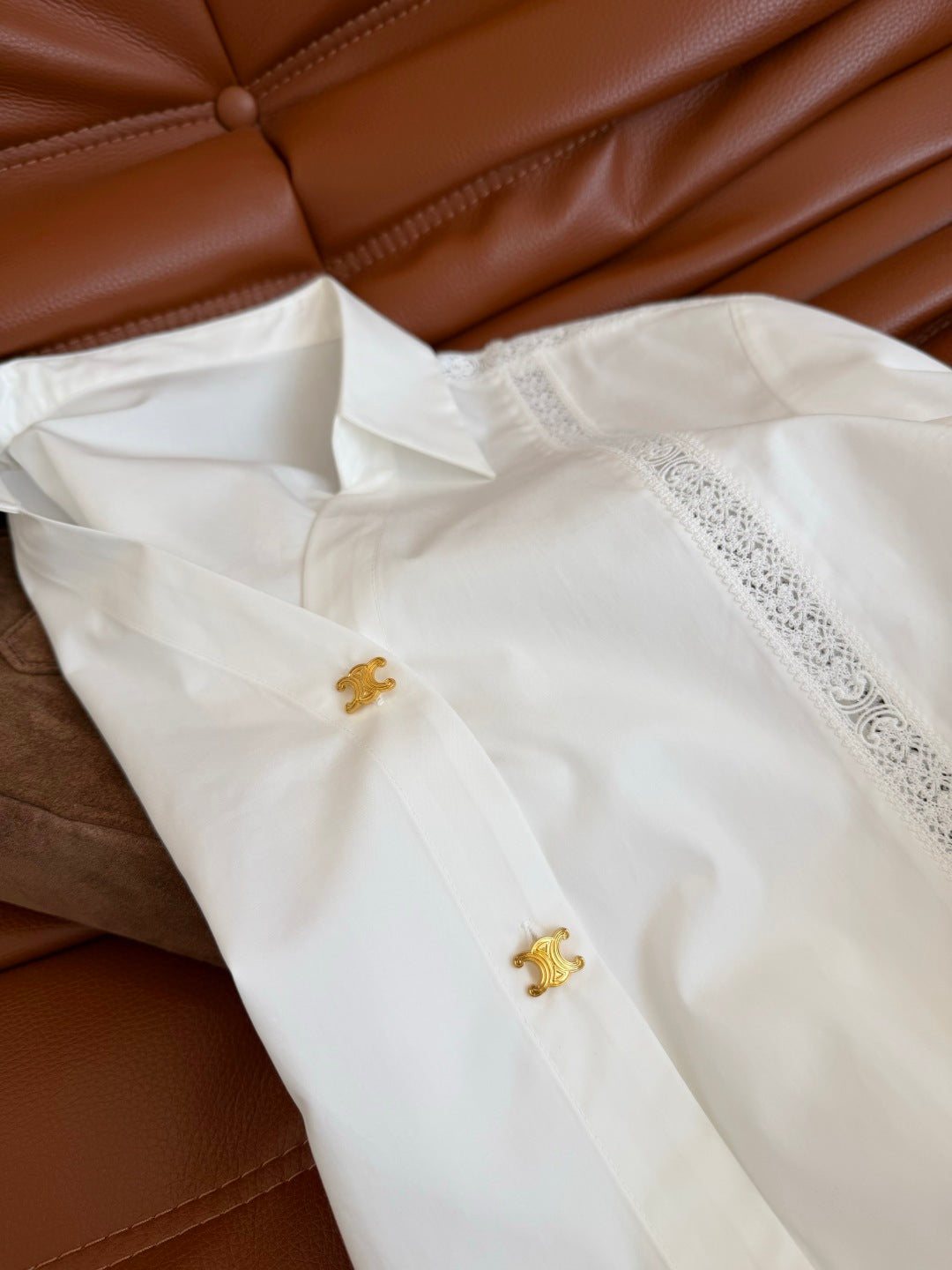 Celine 26s Triomphe Hollow-out Striped Shirt White Cotton 424364