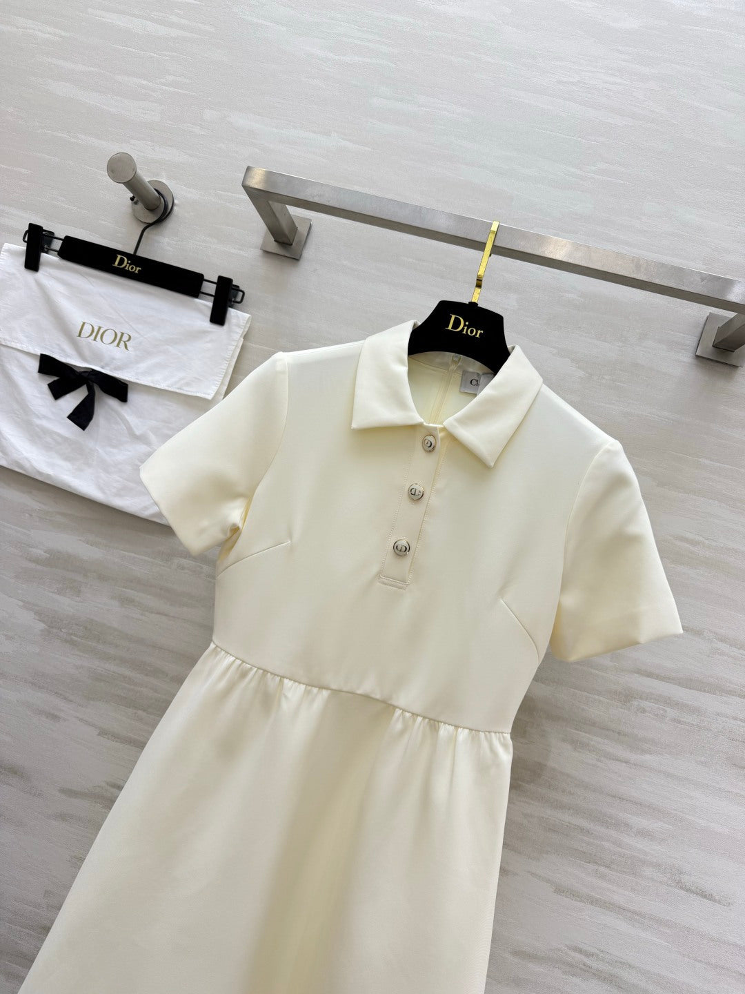 CD Fitted Dress with CD Buttons Cream Wool Silk 394196
