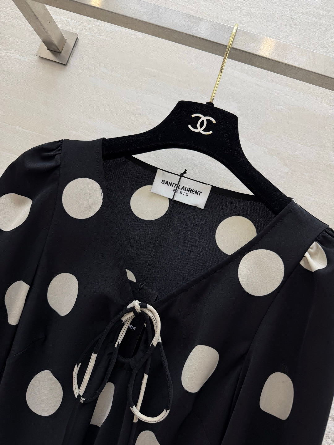 YSL Polka Dot Satin Long Dress Black White 394186