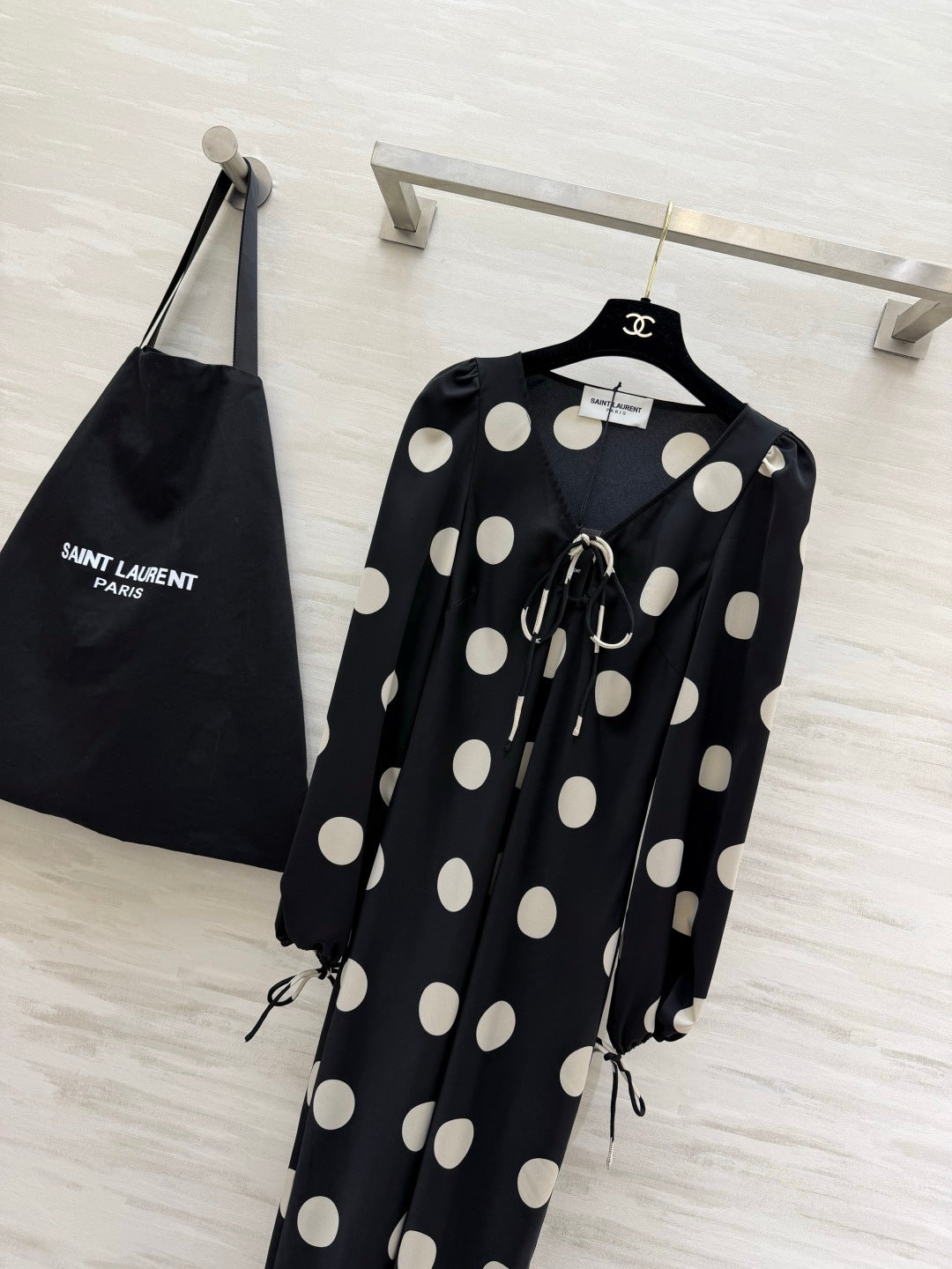 YSL Polka Dot Satin Long Dress Black White 394186