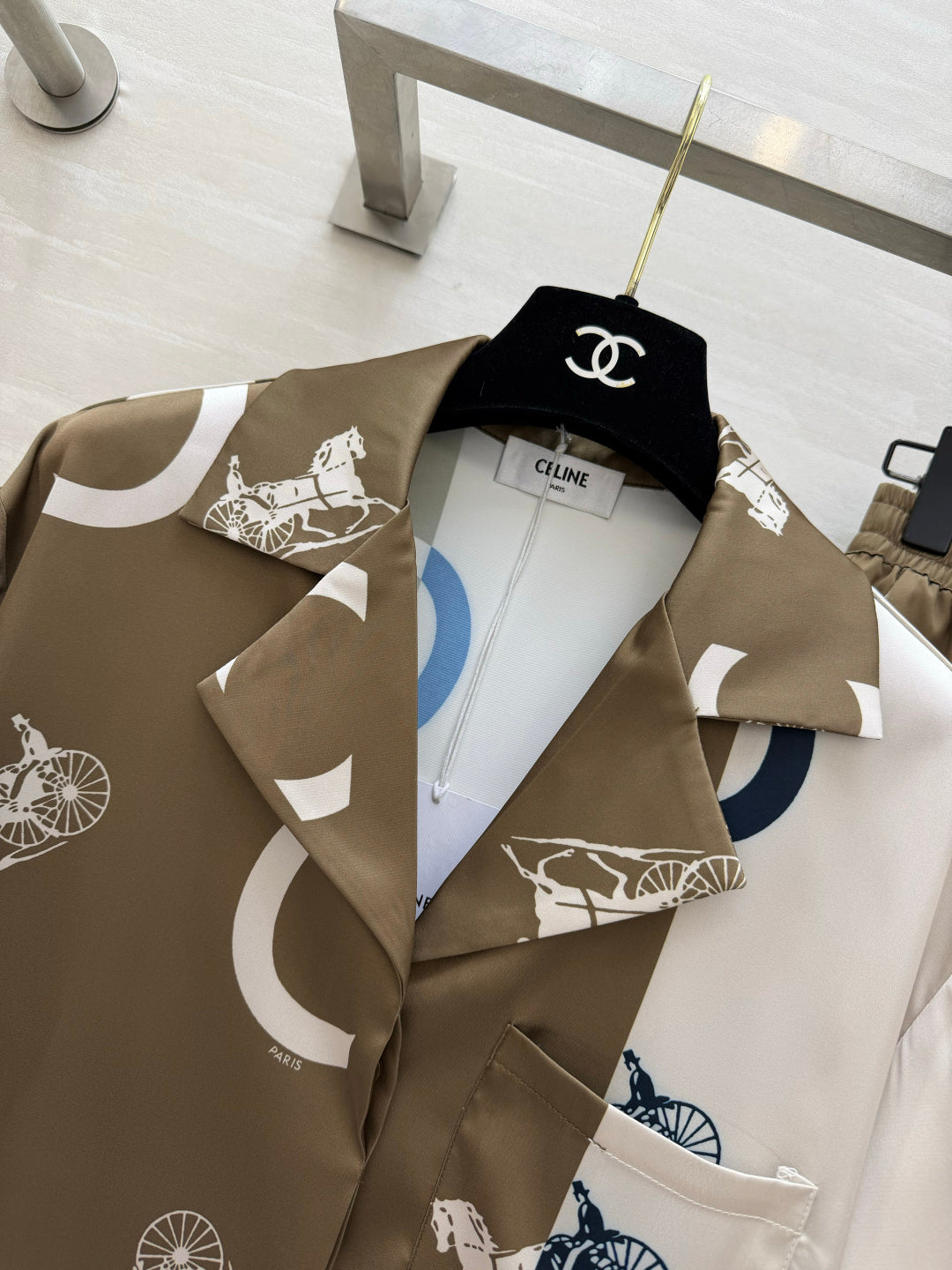 Celine Set Pyjama Shirt Short Brown White Silk Twill 397059