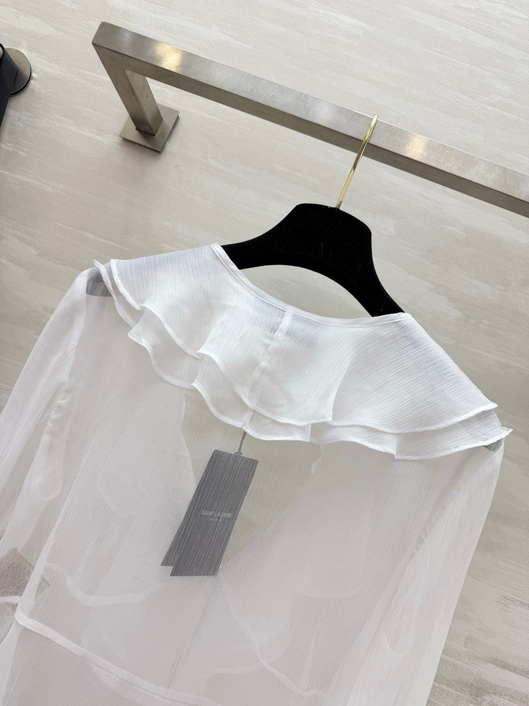 YSL 26s V-neck Ruffle Top White Mesh 396986