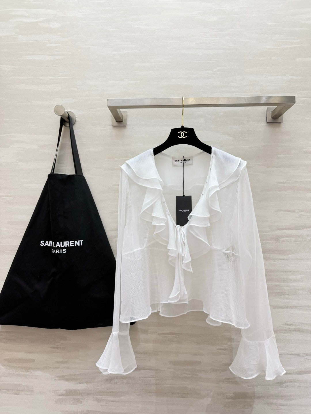 YSL 26s V-neck Ruffle Top White Mesh 396986