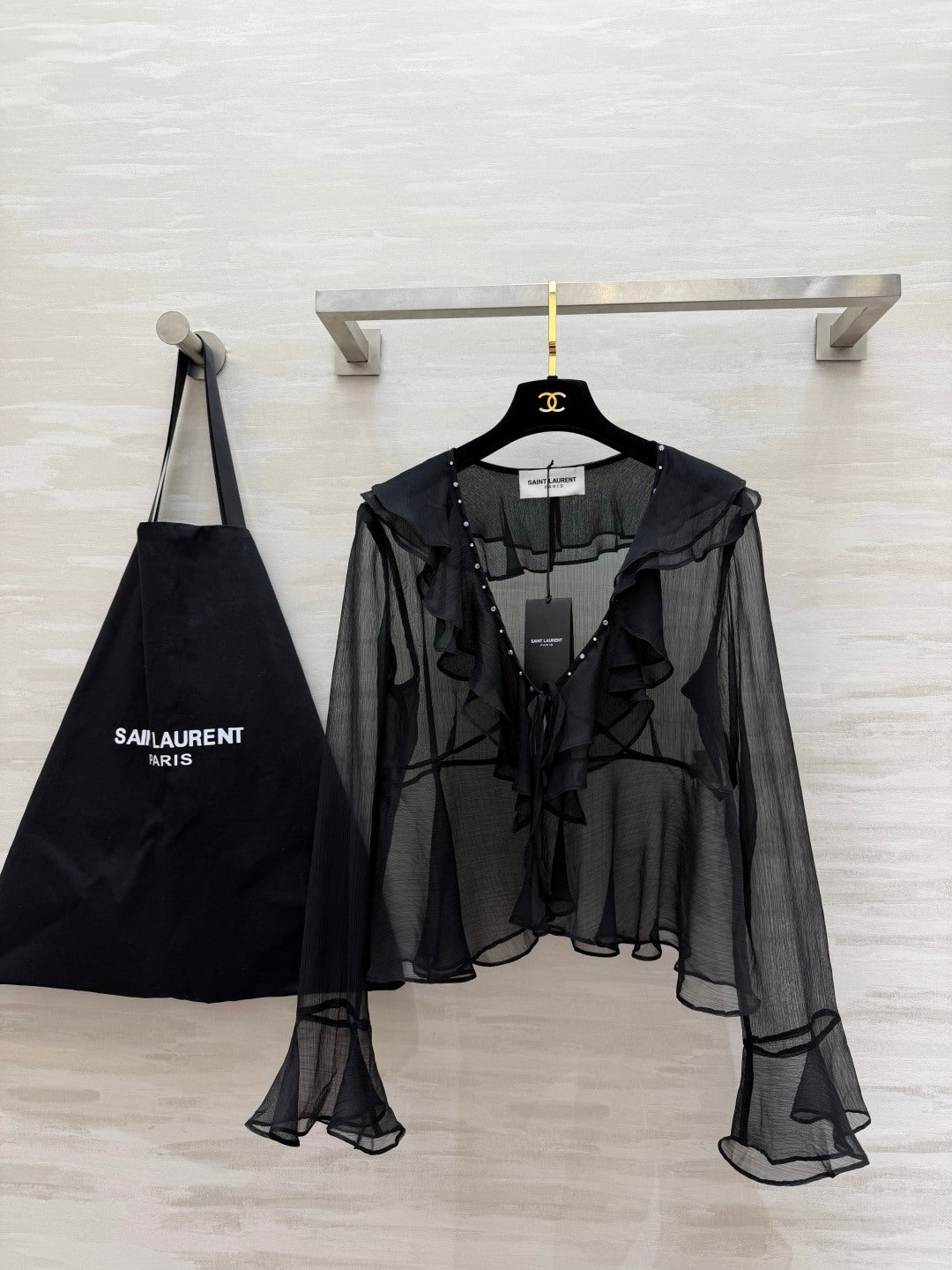 YSL 26s V-neck Ruffle Top Black Mesh 396988