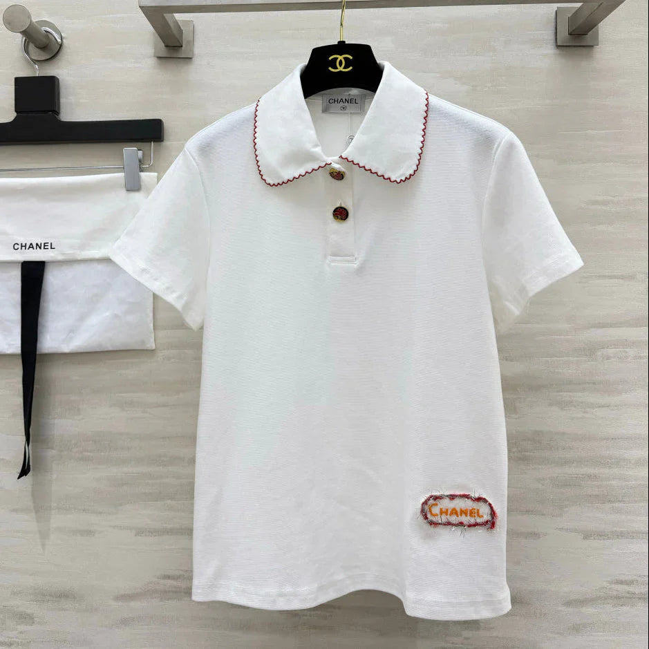 Chanel 2026 Red-Trimmed Peter Pan Collar Polo Short-Sleeve White Cotton 666394