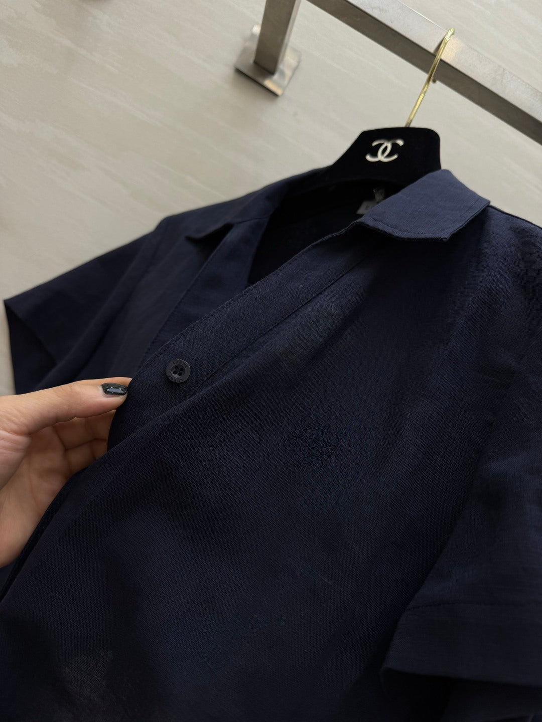 Loewe Summer Essential Two-Piece Set Shirt Loose Shorts Dark Blue Cotton 410411