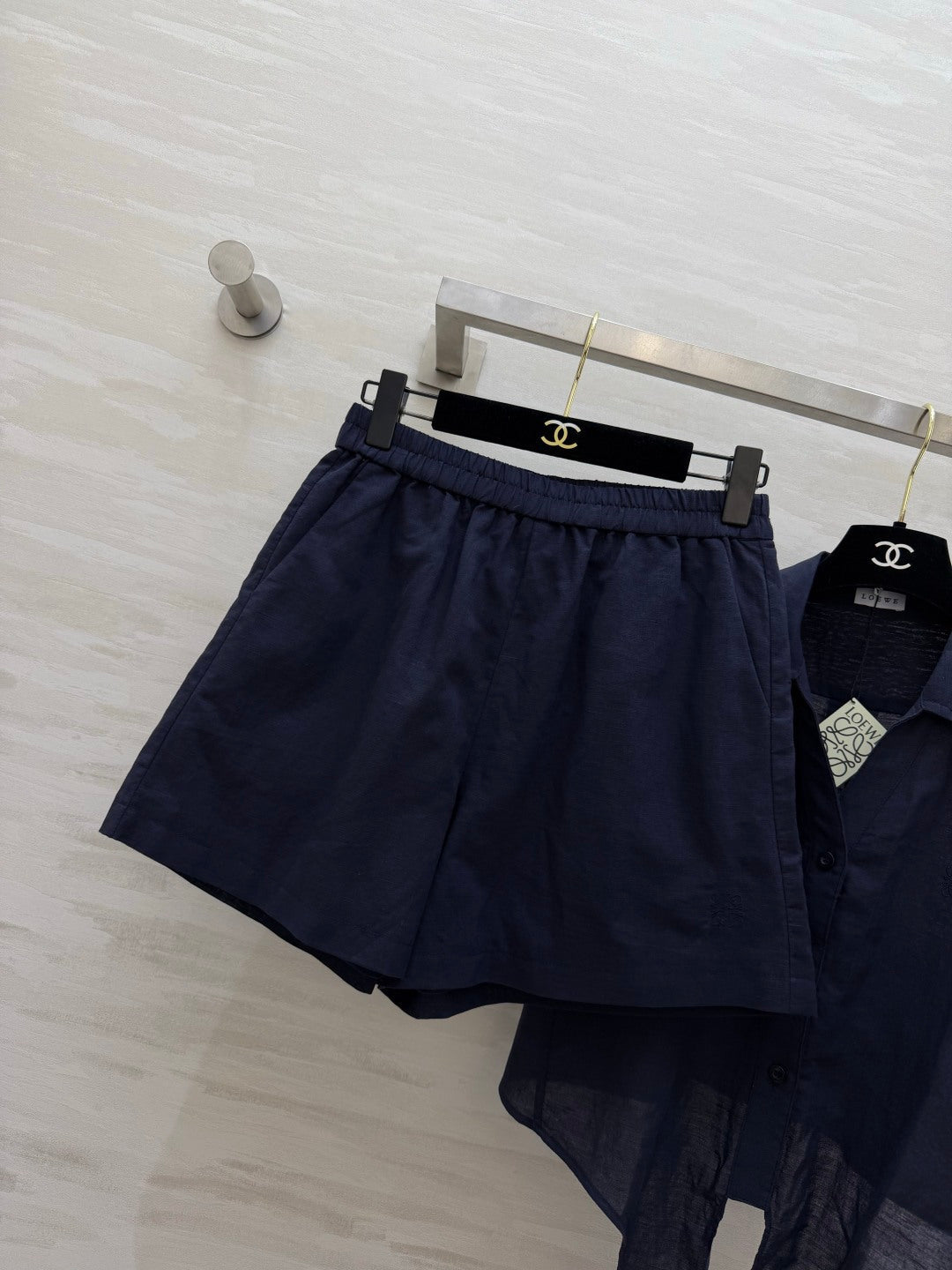 Loewe Summer Essential Two-Piece Set Shirt Loose Shorts Dark Blue Cotton 410411