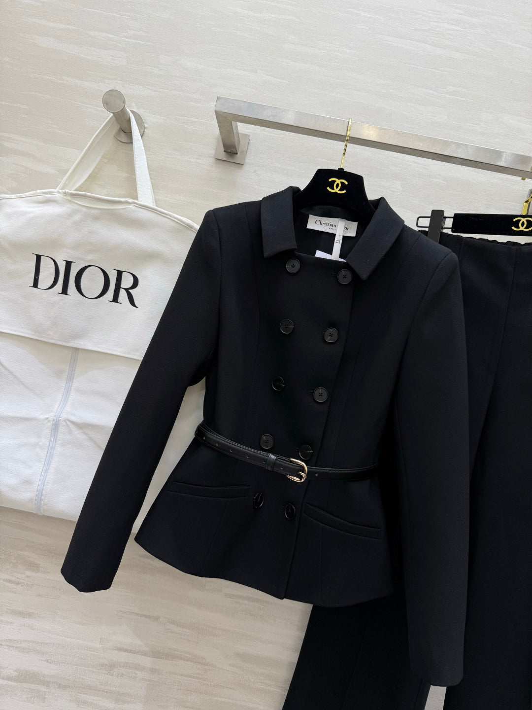 CD 26s Set Belted Jacket & Pant Black Virgin Wool and Silk 414136