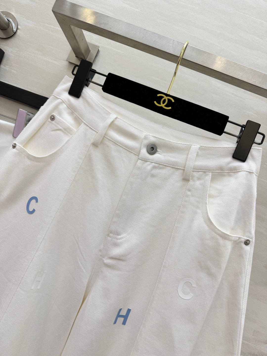 CC 26s Letter Embroidery Wide-Leg Pants White Cotton 415961