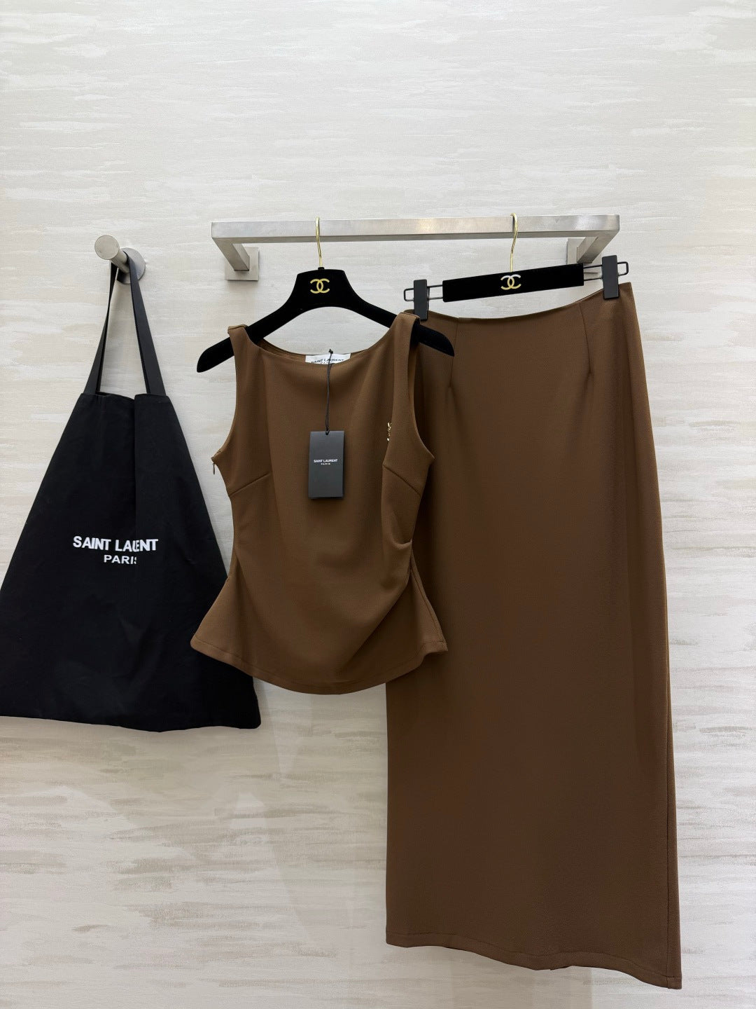 YSL 26s Sleeveless Vest + Straight Skirt Set Linen 422169