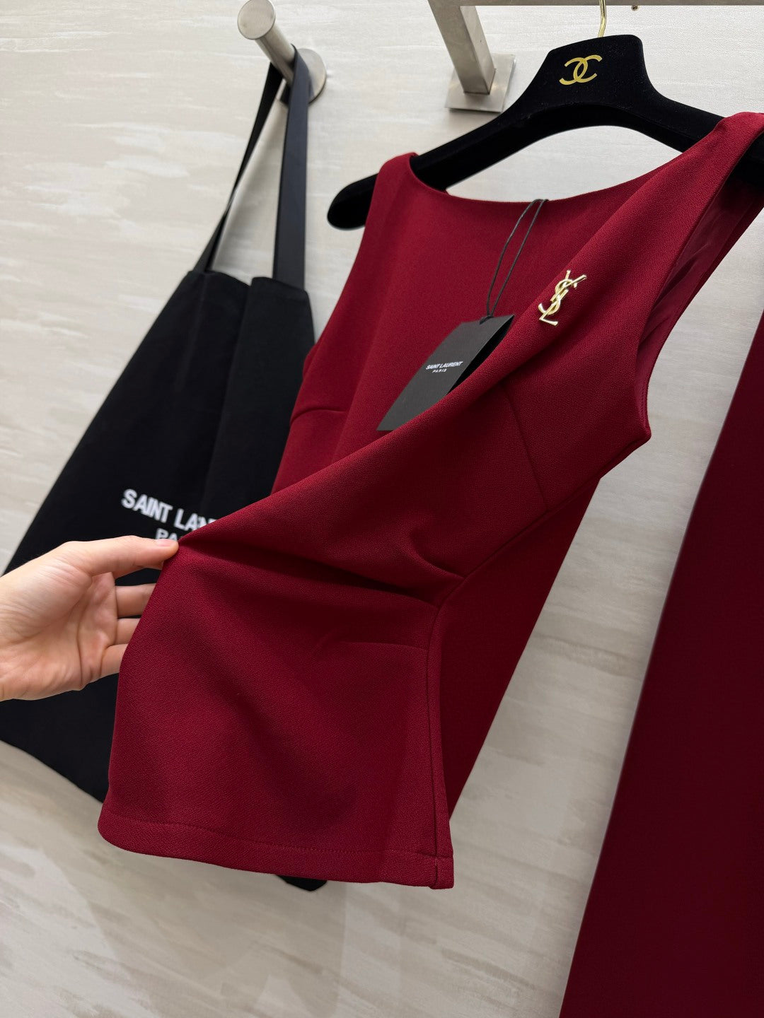 YSL 26s Sleeveless Vest + Straight Skirt Set Burgundy Linen 422159