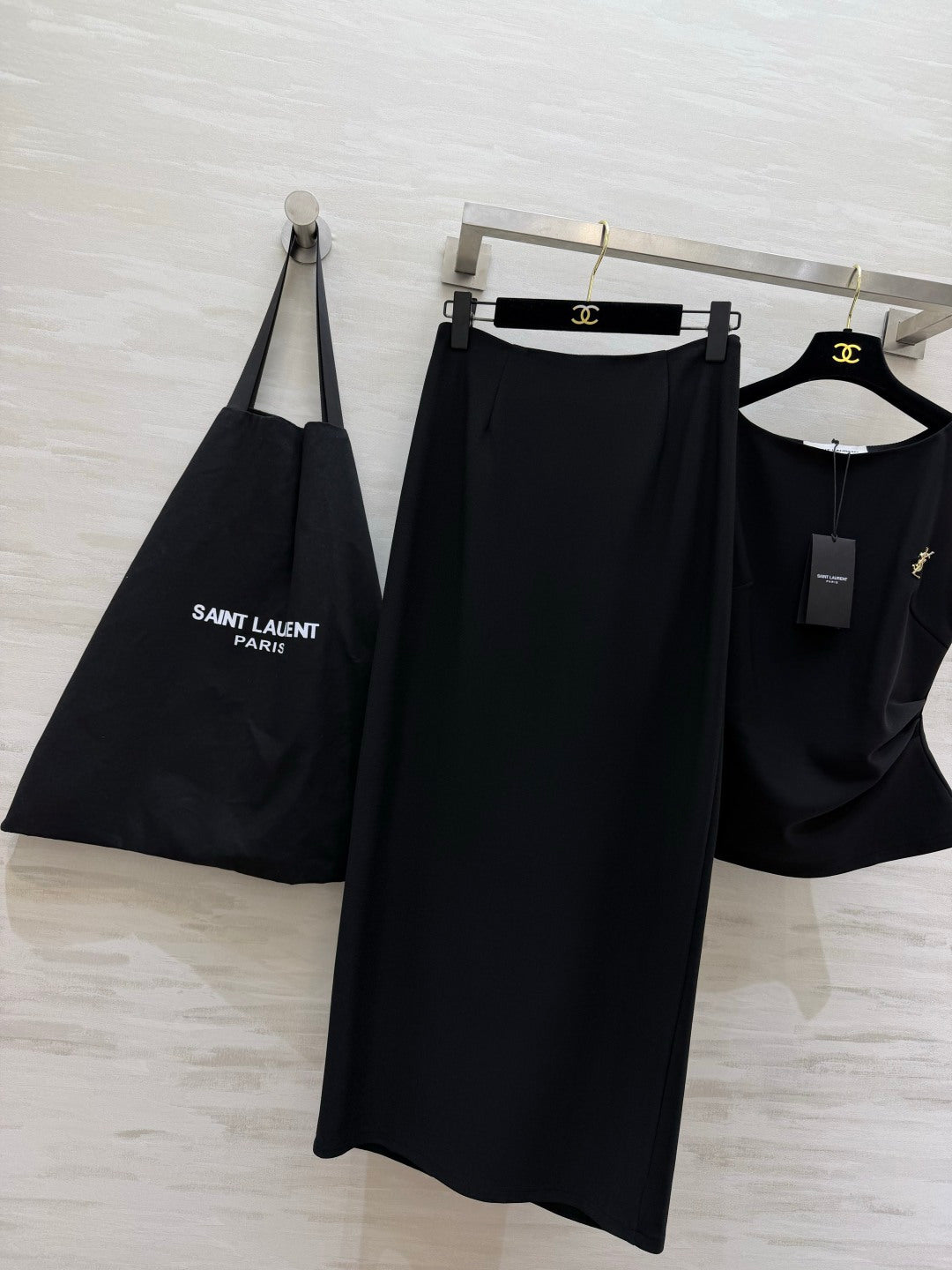 YSL 26s Sleeveless Vest + Straight Skirt Set Black Linen 422154