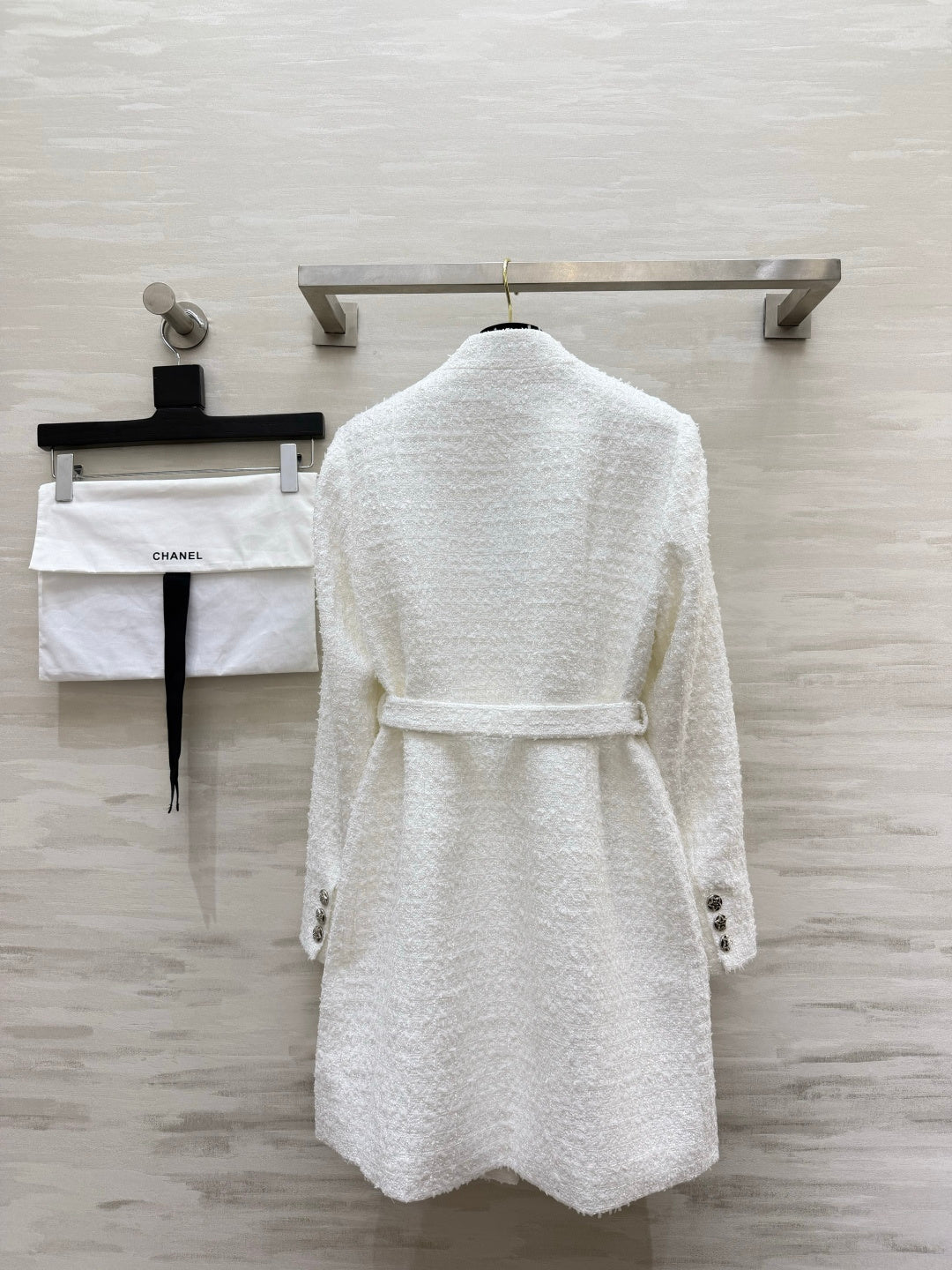 CC 26S White Tweed Belted Long Coat 428142