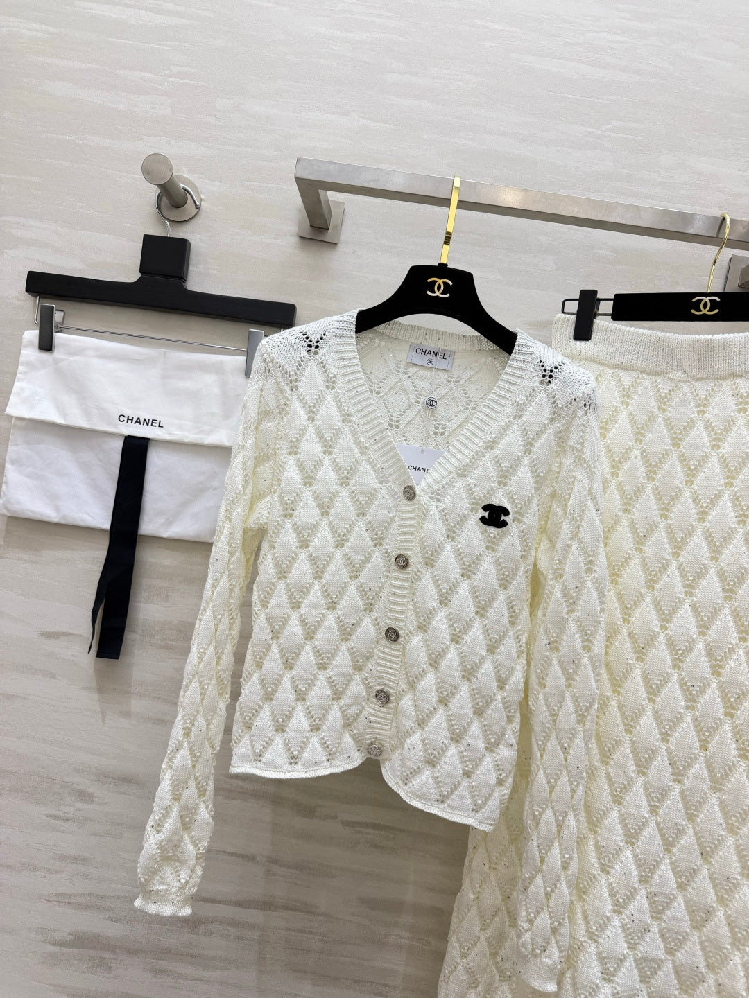 Chanel 26s Diamond Open-Knit Cardigan and Skirt Set White 438857