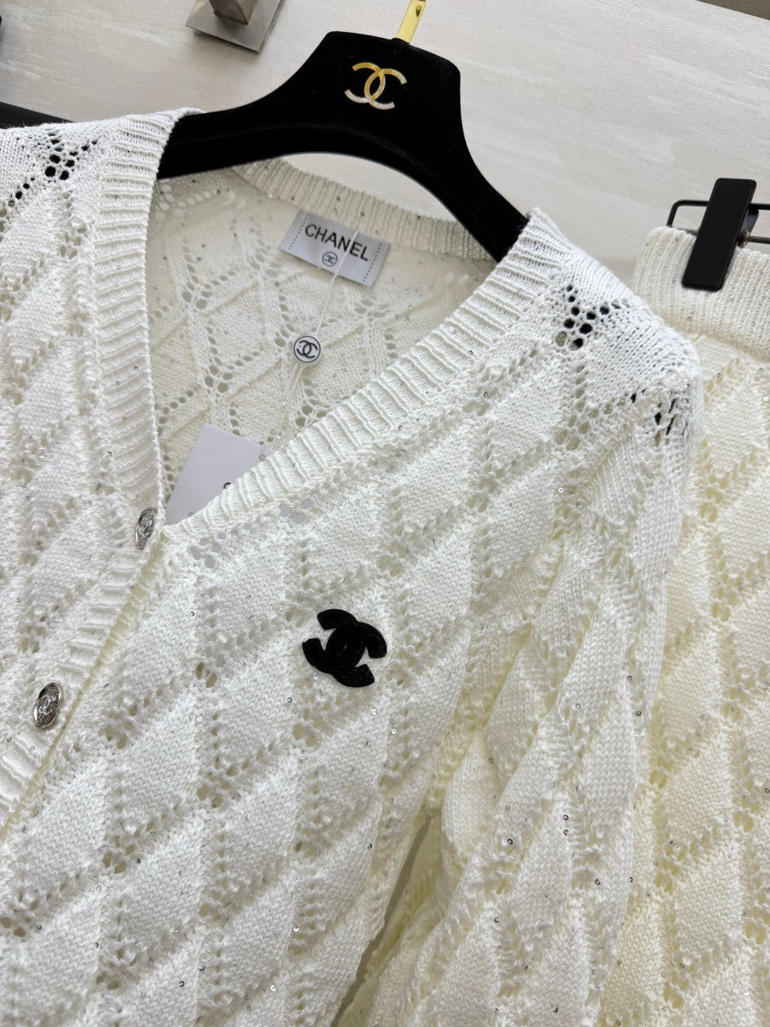 Chanel 26s Diamond Open-Knit Cardigan and Skirt Set White 438857