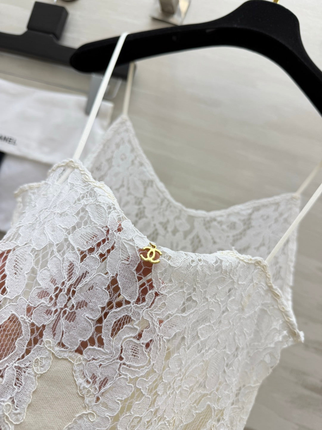 Chanel 26s Silk Lace Trim Cami Top Cream White 438840