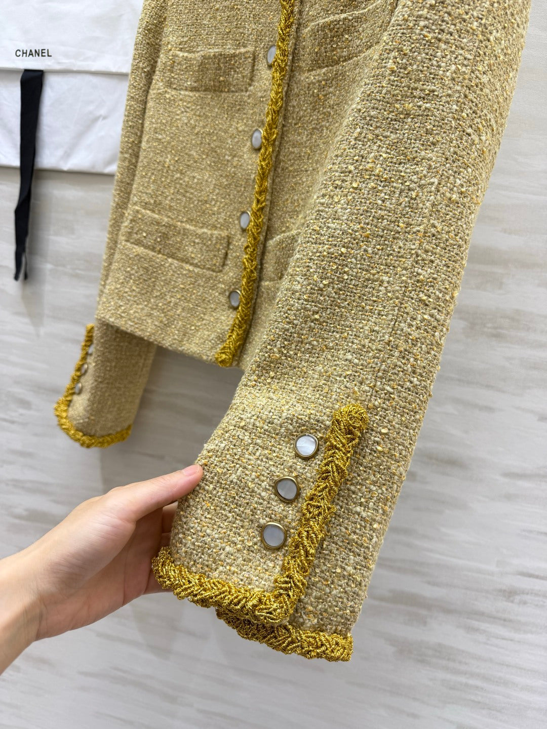 Chanel 26s Tweed Ribbon-Trim Cropped Jacket Gold 438806