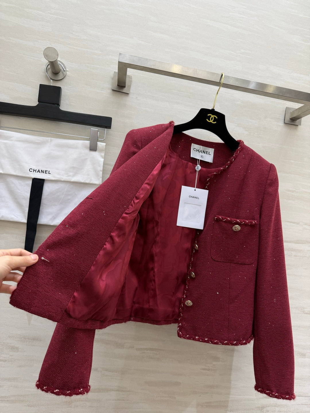 Chanel Shimmering Tweed Jacket Bordeaux Wool 437229