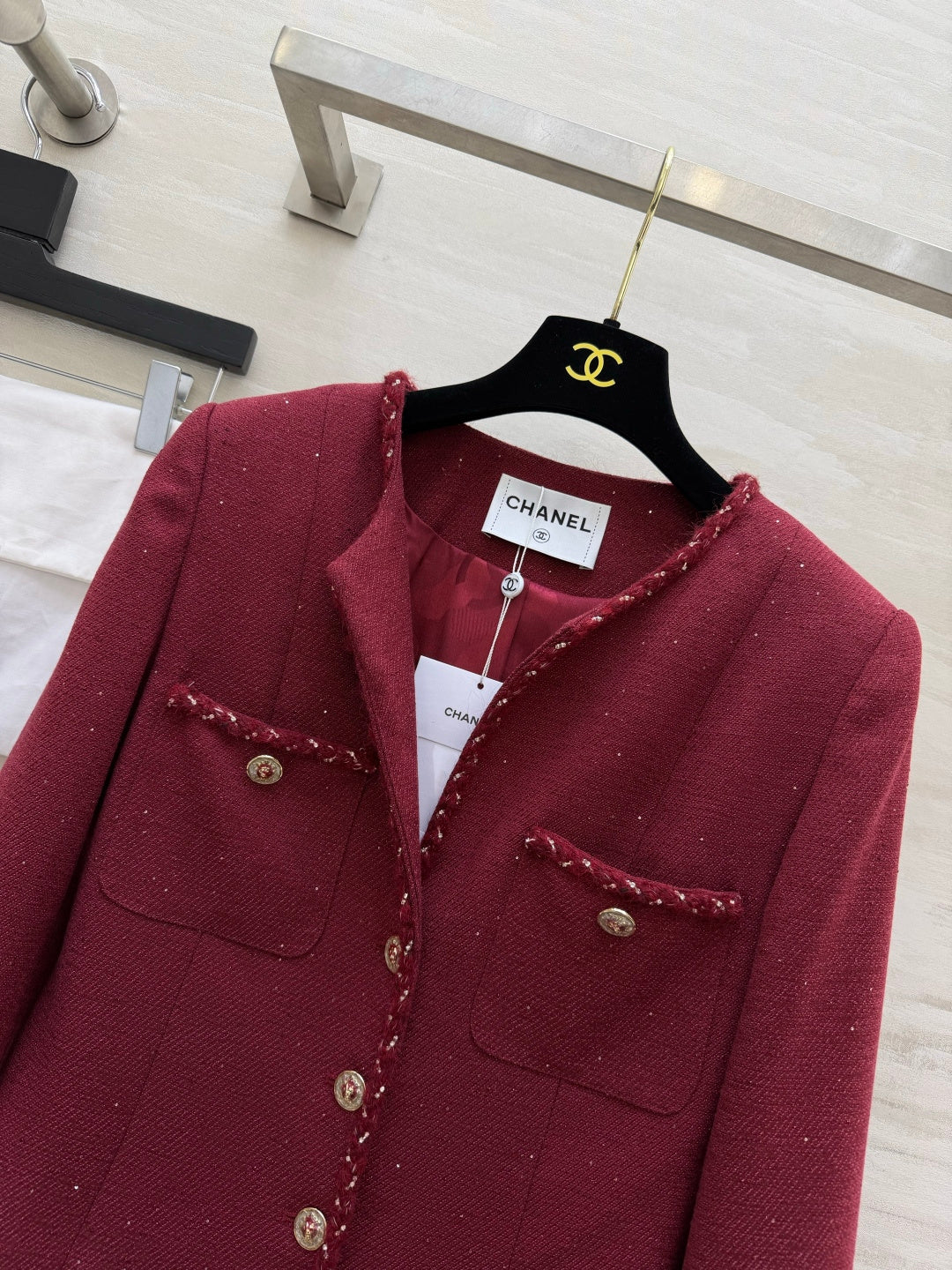 Chanel Shimmering Tweed Jacket Bordeaux Wool 437229
