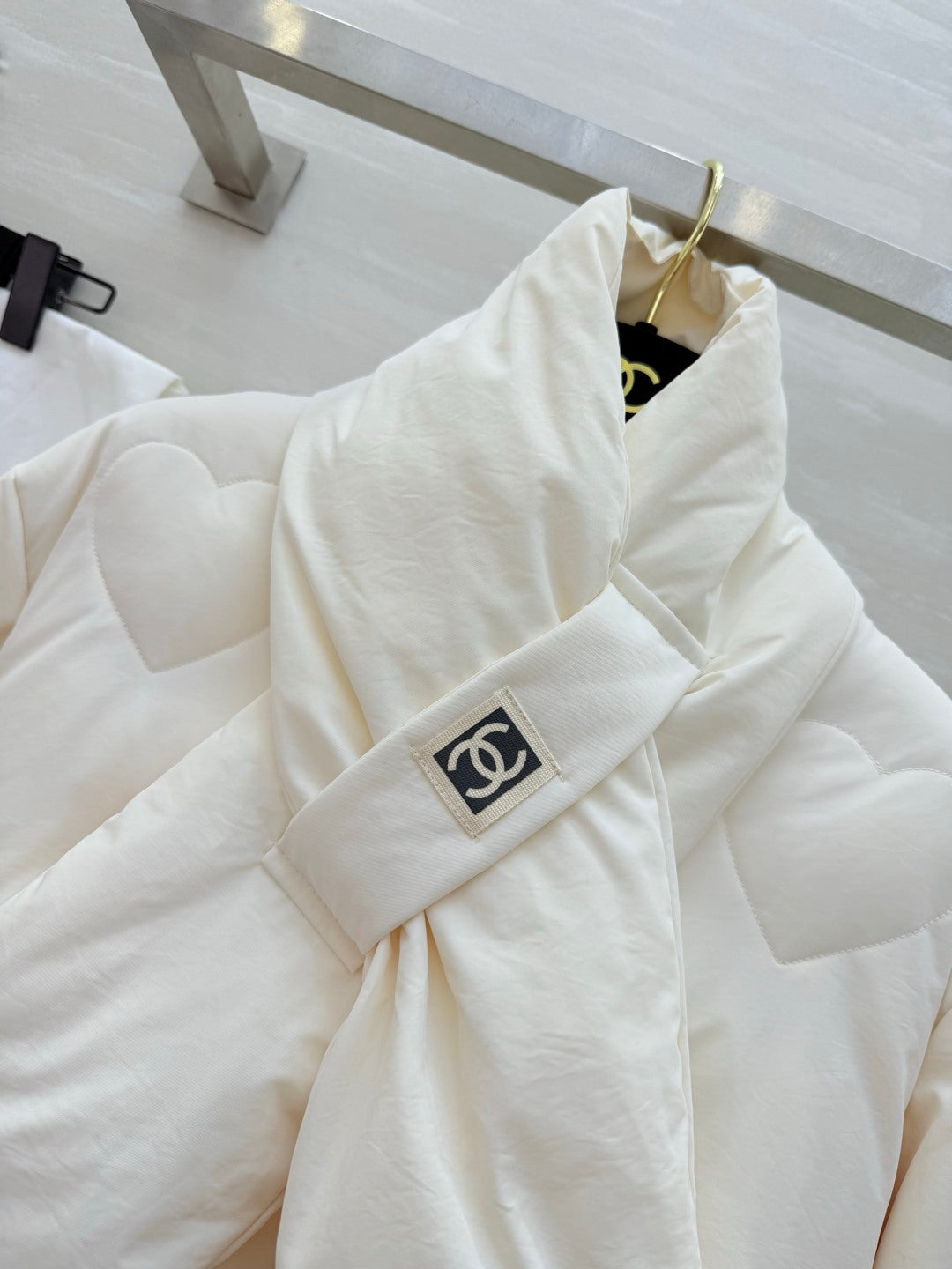 Chanel 26s White Heart-Quilted Puffer Jacket With Scarf Style 435327