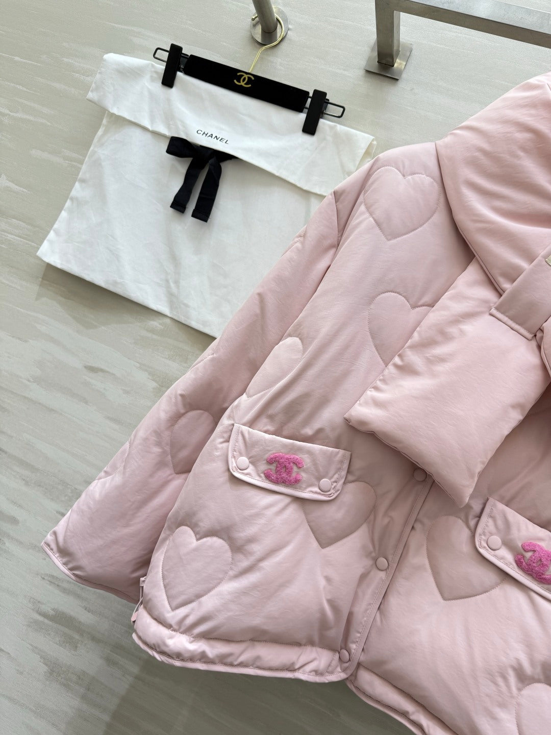 Chanel 26s Pink Heart-Quilted Puffer Jacket With Scarf Style 435329