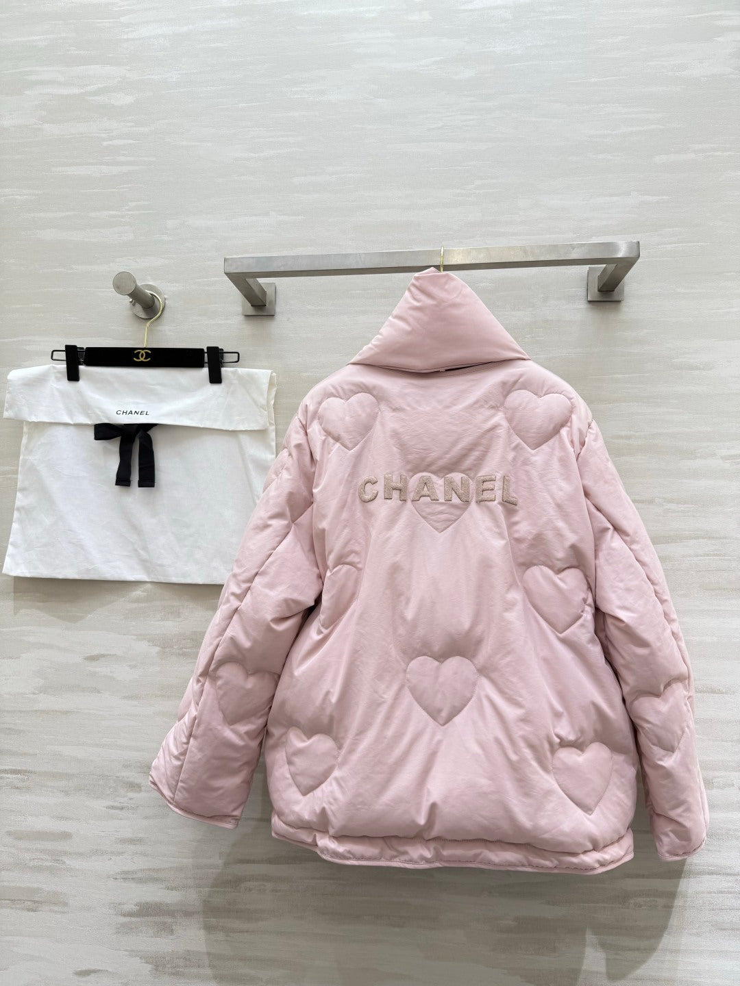 Chanel 26s Pink Heart-Quilted Puffer Jacket With Scarf Style 435329