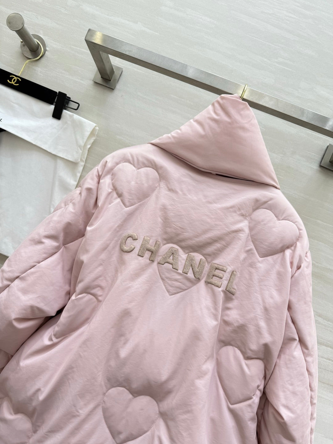 Chanel 26s Pink Heart-Quilted Puffer Jacket With Scarf Style 435329