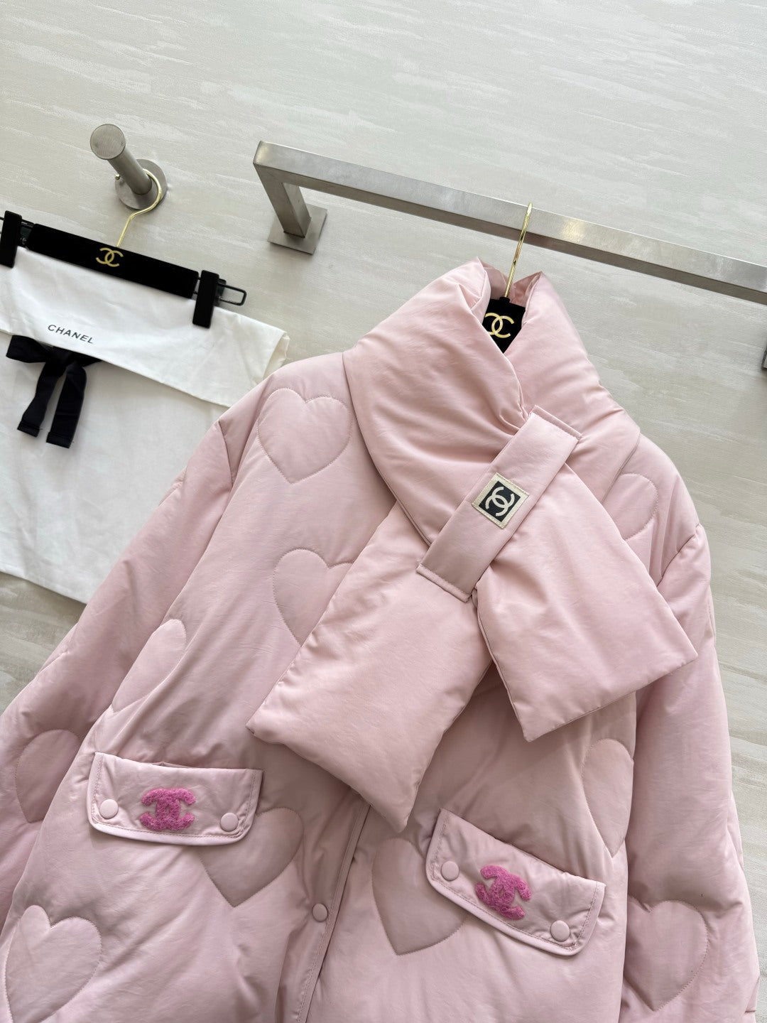 Chanel 26s Pink Heart-Quilted Puffer Jacket With Scarf Style 435329