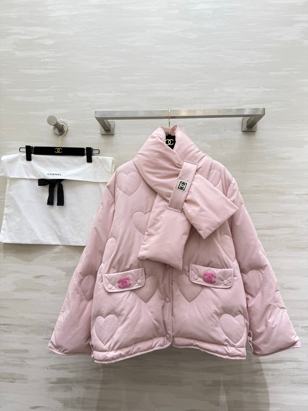 Chanel 26s Pink Heart-Quilted Puffer Jacket With Scarf Style 435329