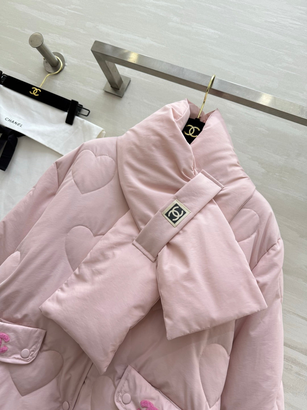 Chanel 26s Pink Heart-Quilted Puffer Jacket With Scarf Style 435329